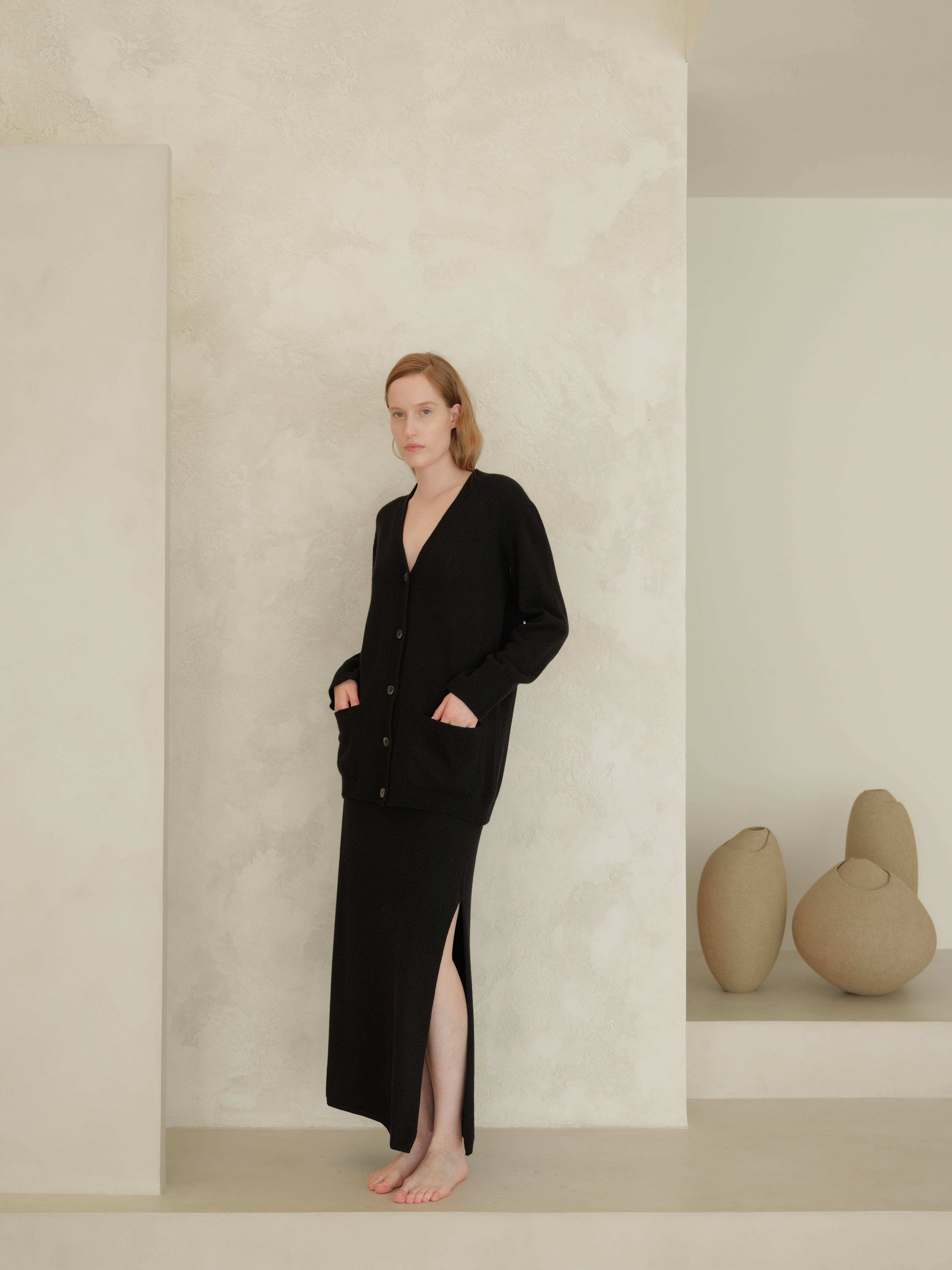 Gonna lunga a vita alta in misto cashmere con spacco laterale (3D-knit)