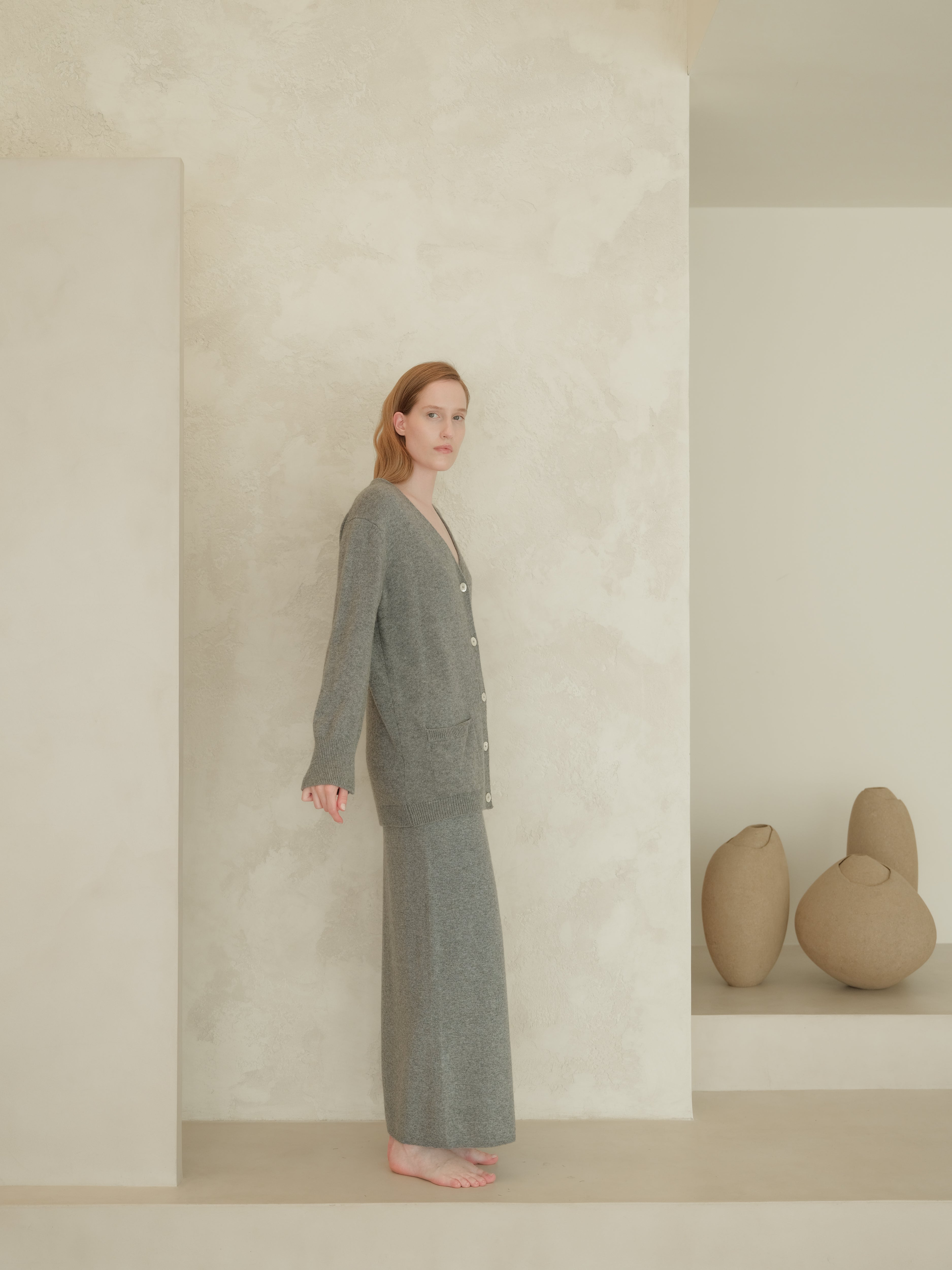 Gonna lunga a vita alta in misto cashmere con spacco laterale (3D-knit)