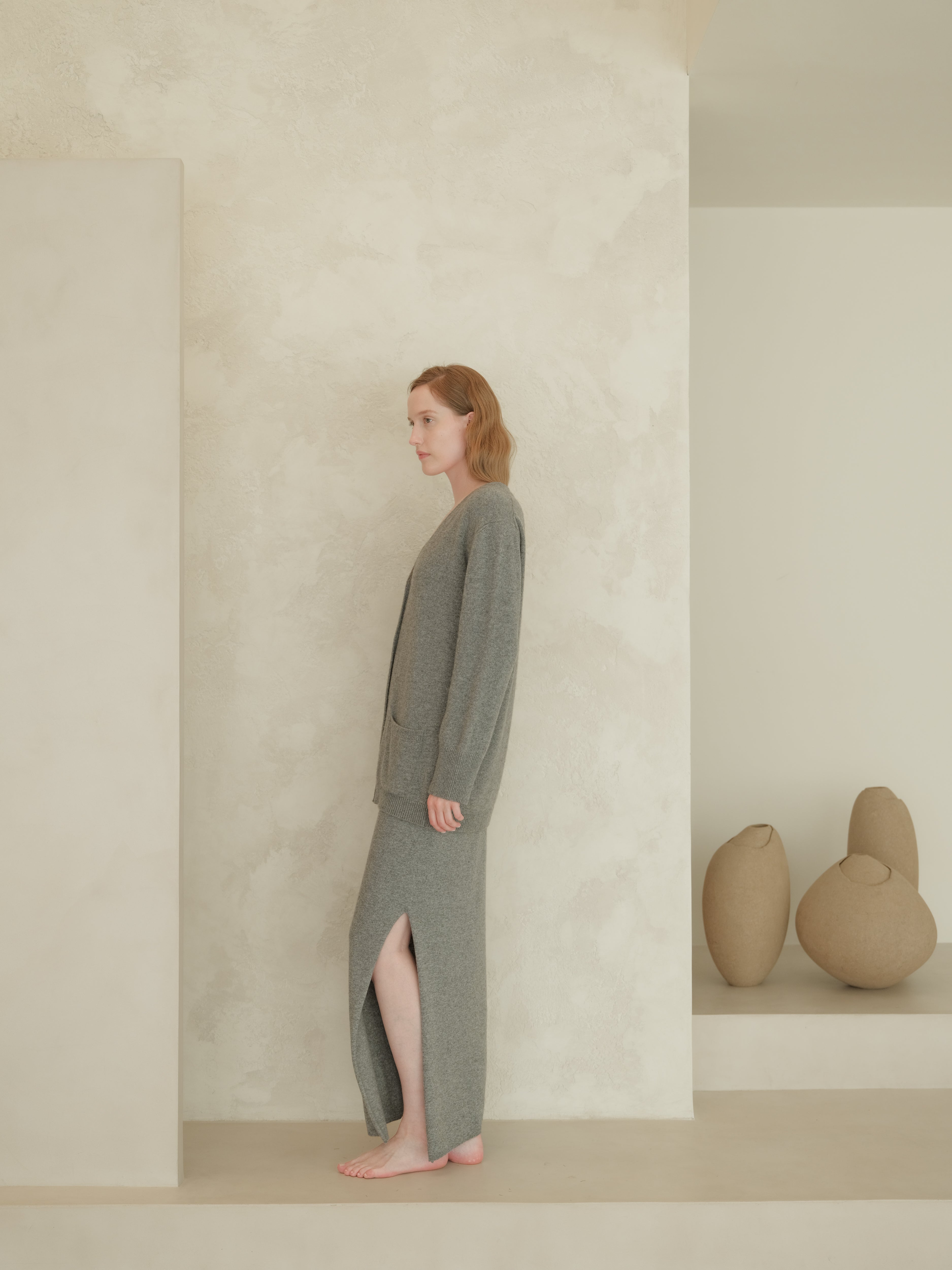 Gonna lunga a vita alta in misto cashmere con spacco laterale (3D-knit)