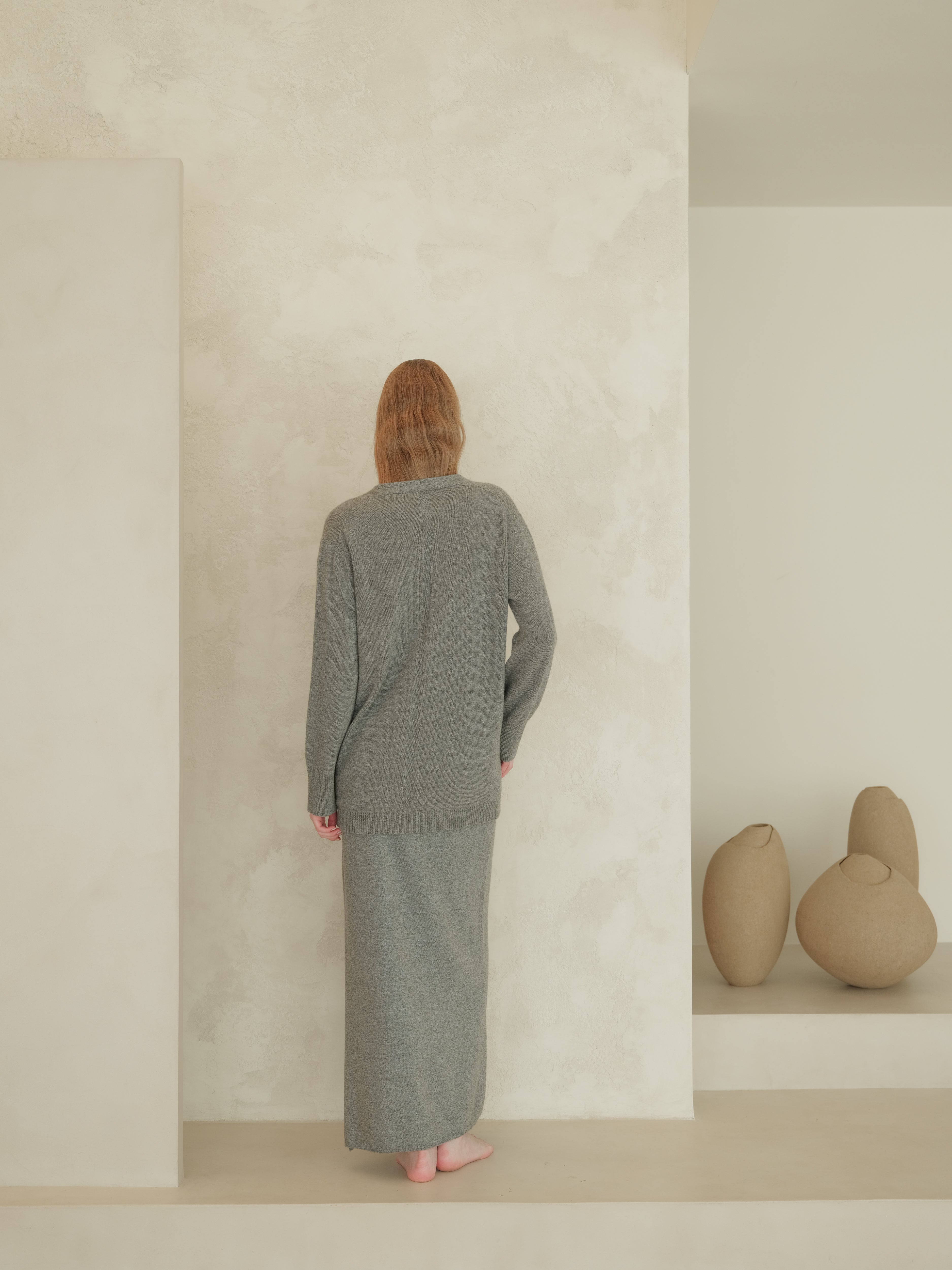 Gonna lunga a vita alta in misto cashmere con spacco laterale (3D-knit)