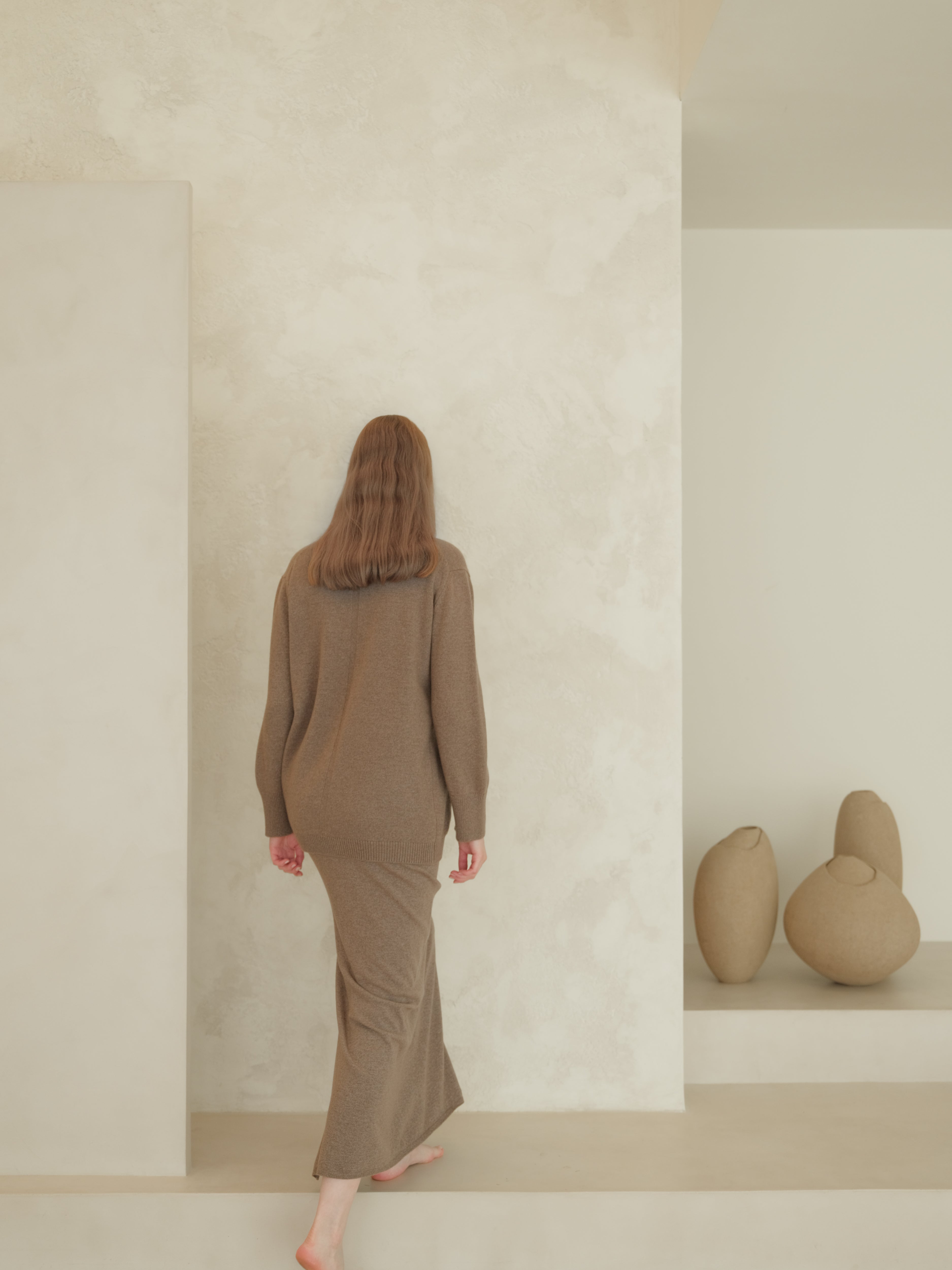 Gonna lunga a vita alta in misto cashmere con spacco laterale (3D-knit)