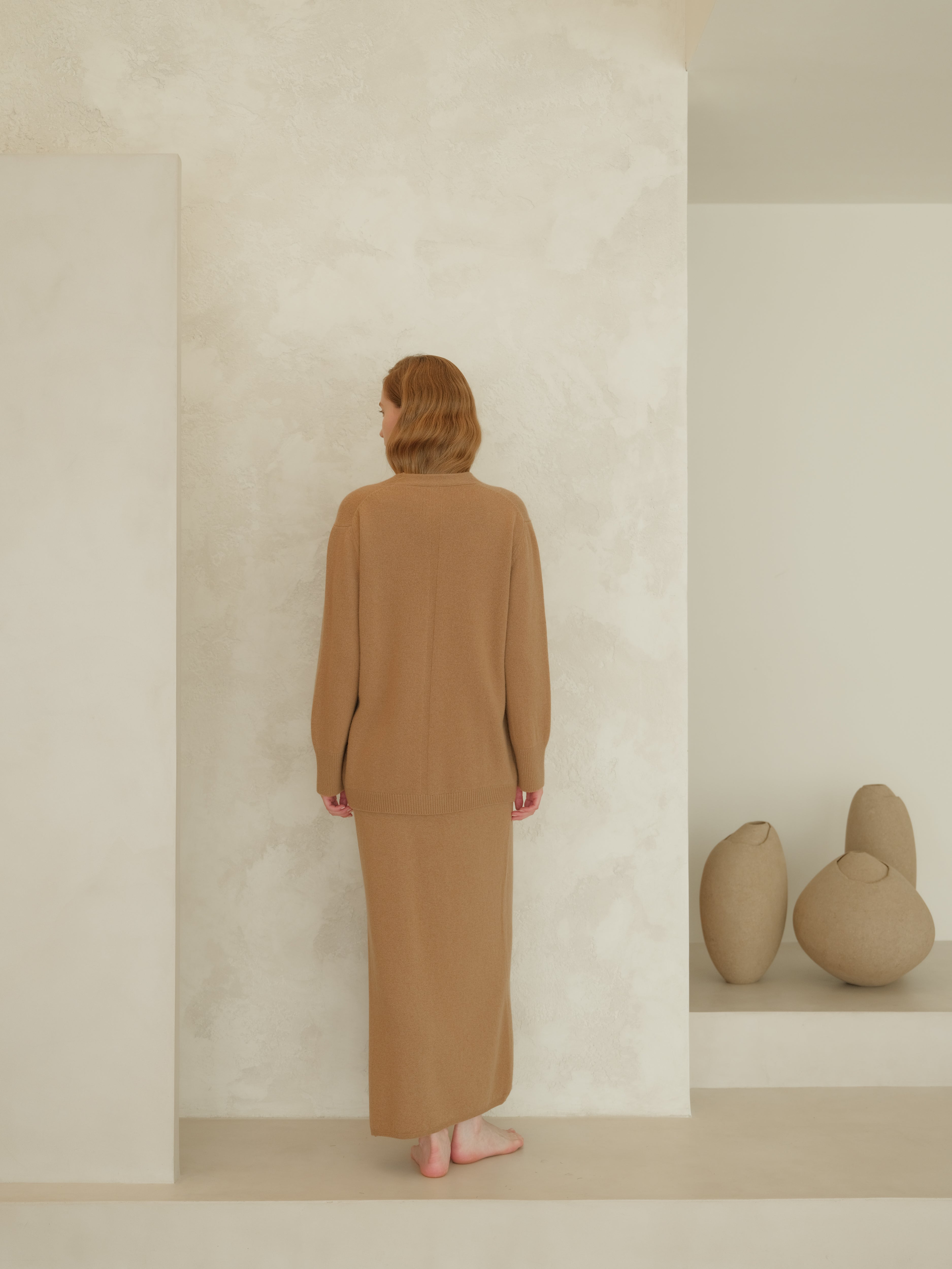 Gonna lunga a vita alta in misto cashmere con spacco laterale (3D-knit)