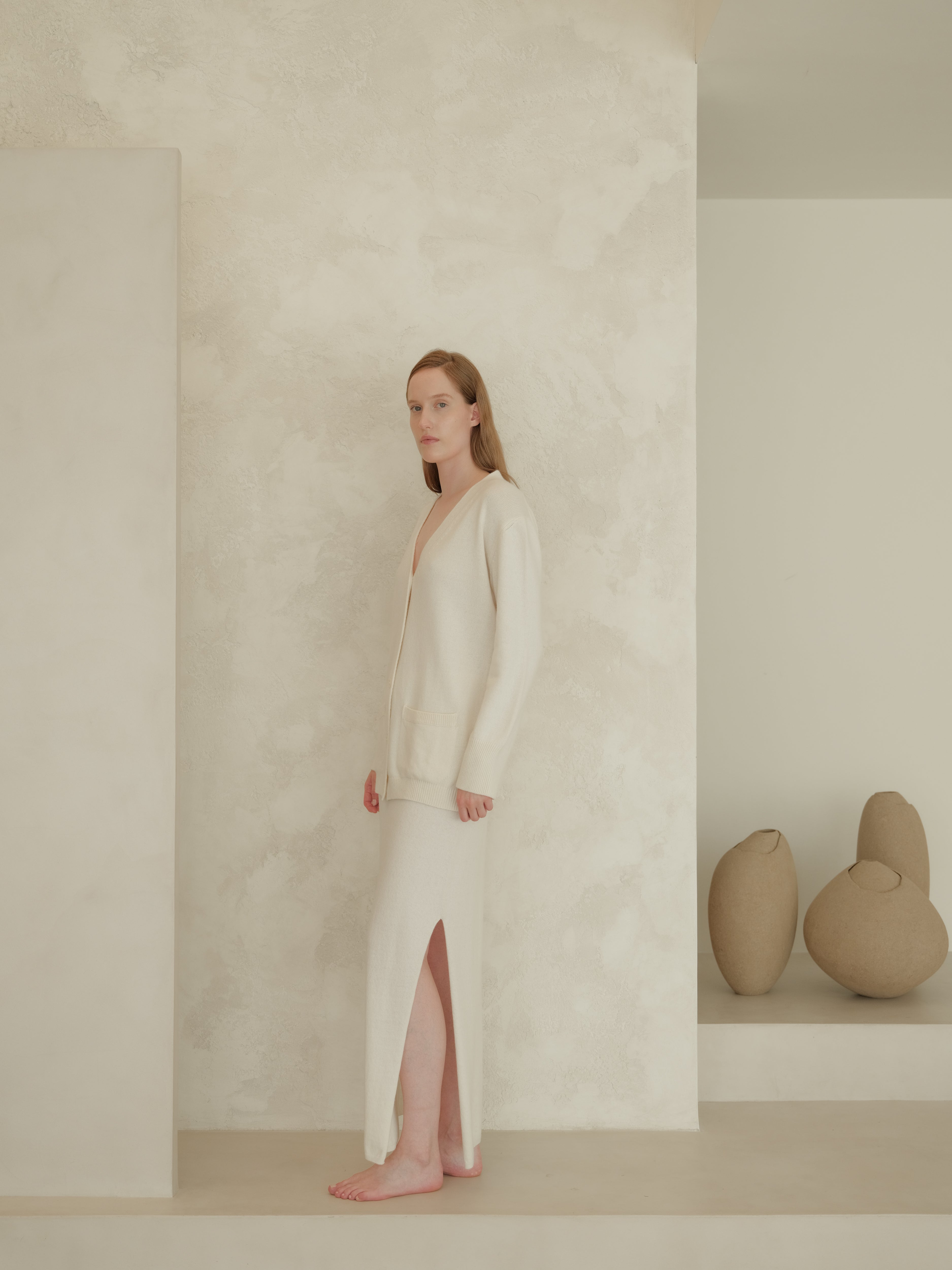Gonna lunga a vita alta in misto cashmere con spacco laterale (3D-knit)