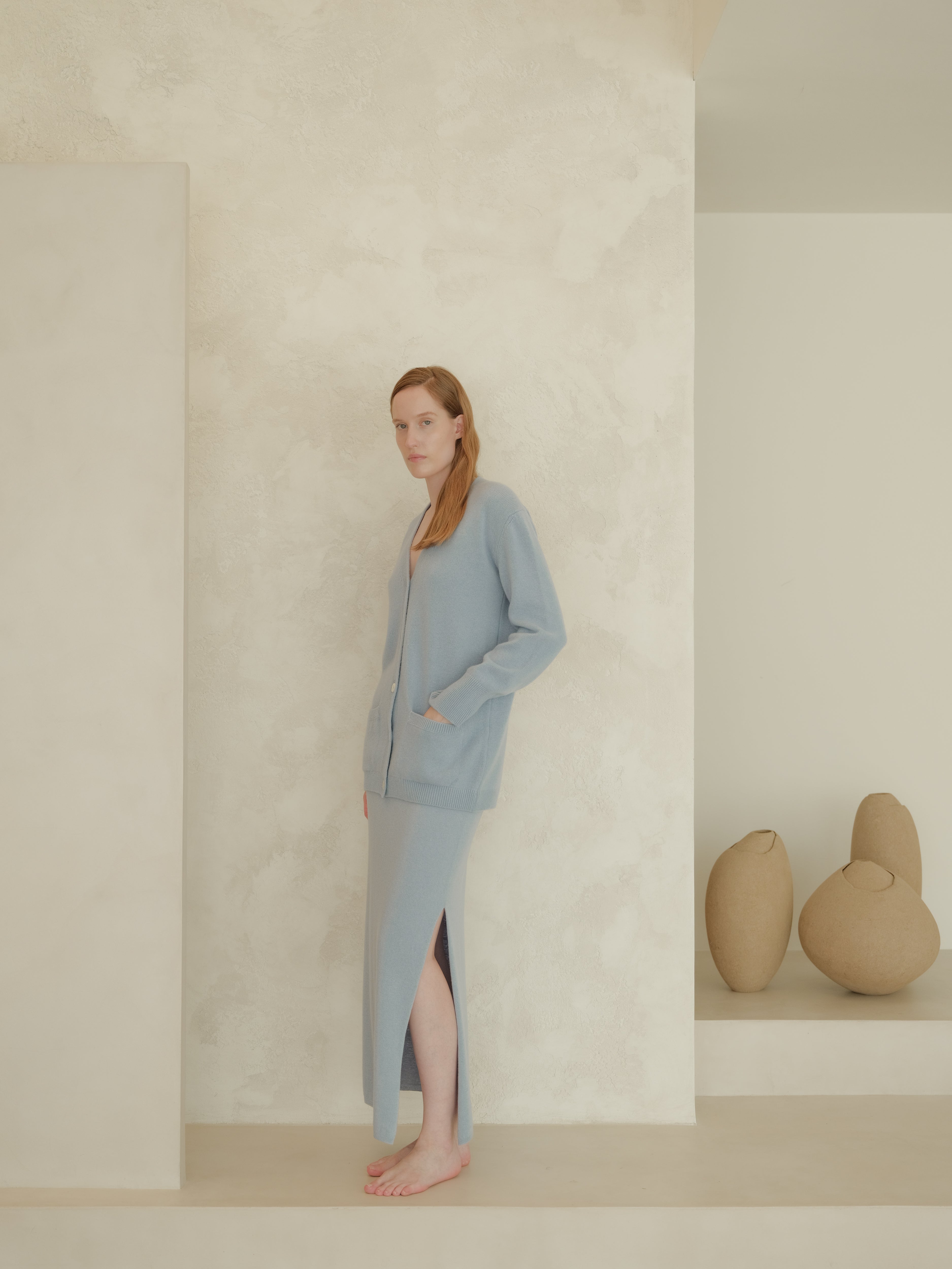 Gonna lunga a vita alta in misto cashmere con spacco laterale (3D-knit)