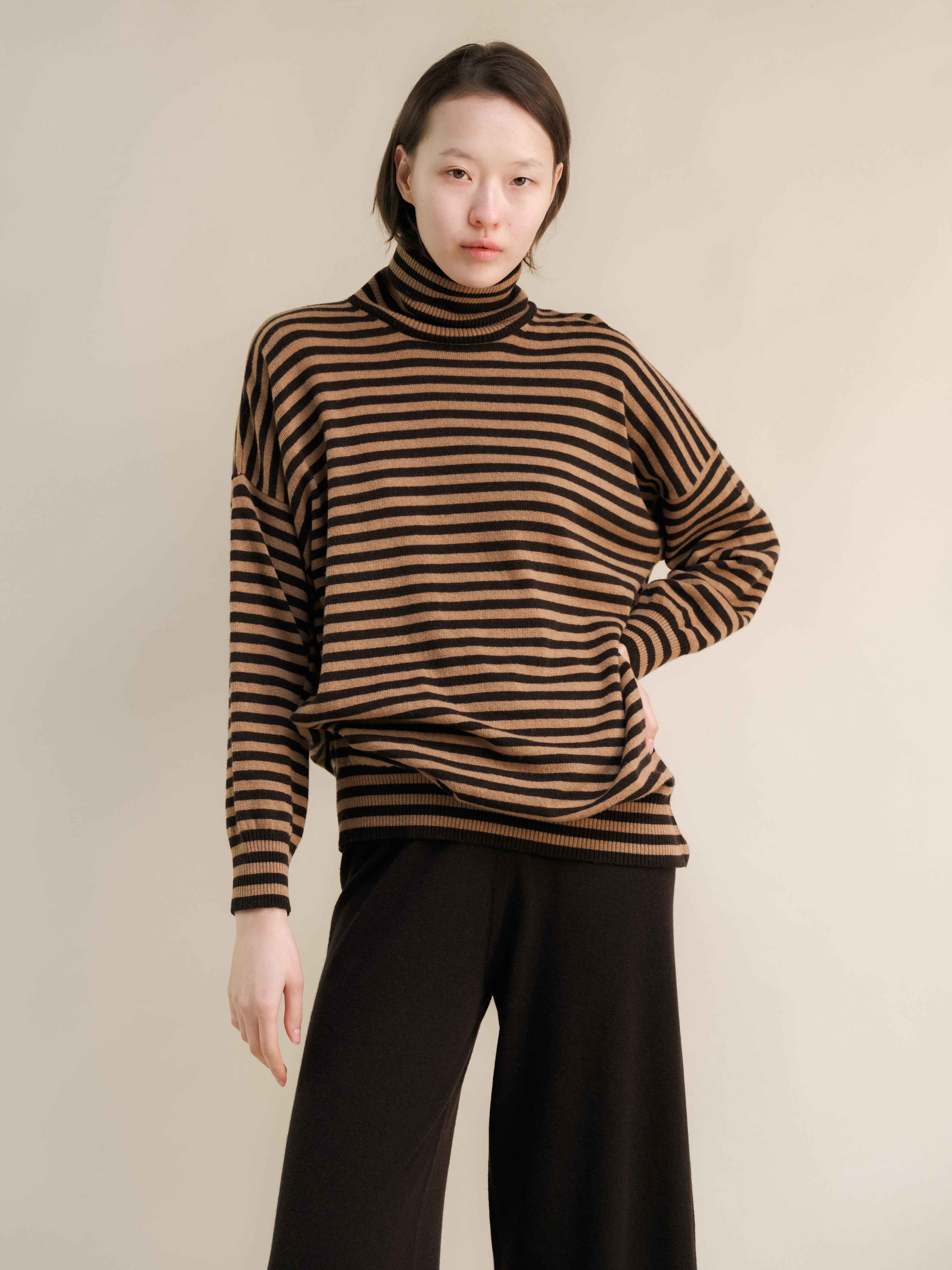 Cashmere Mix Oversized Striped Turtleneck Sweater