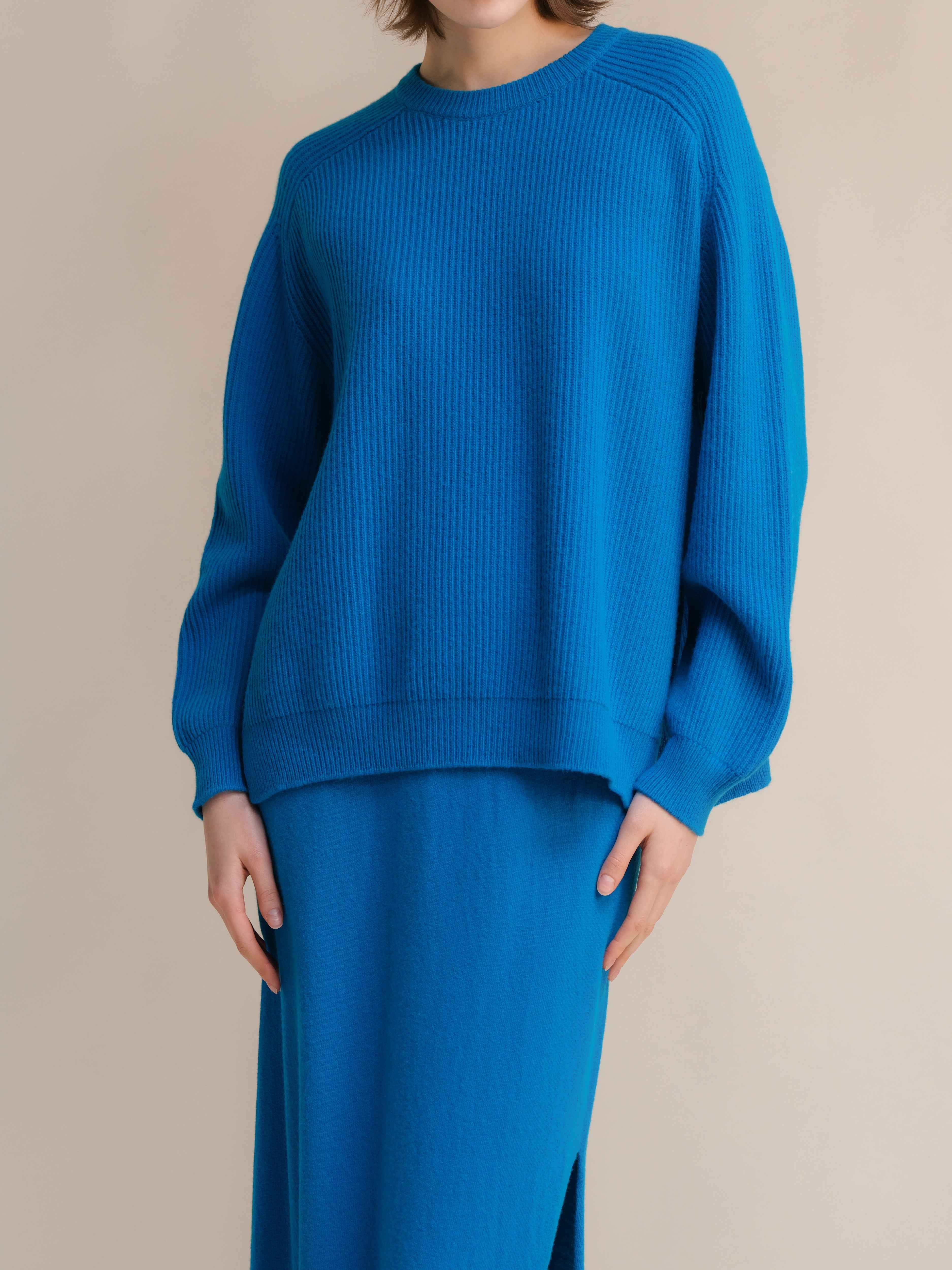 Cashmere Mix Crewneck Ribbed Sweater with Lateral Slits