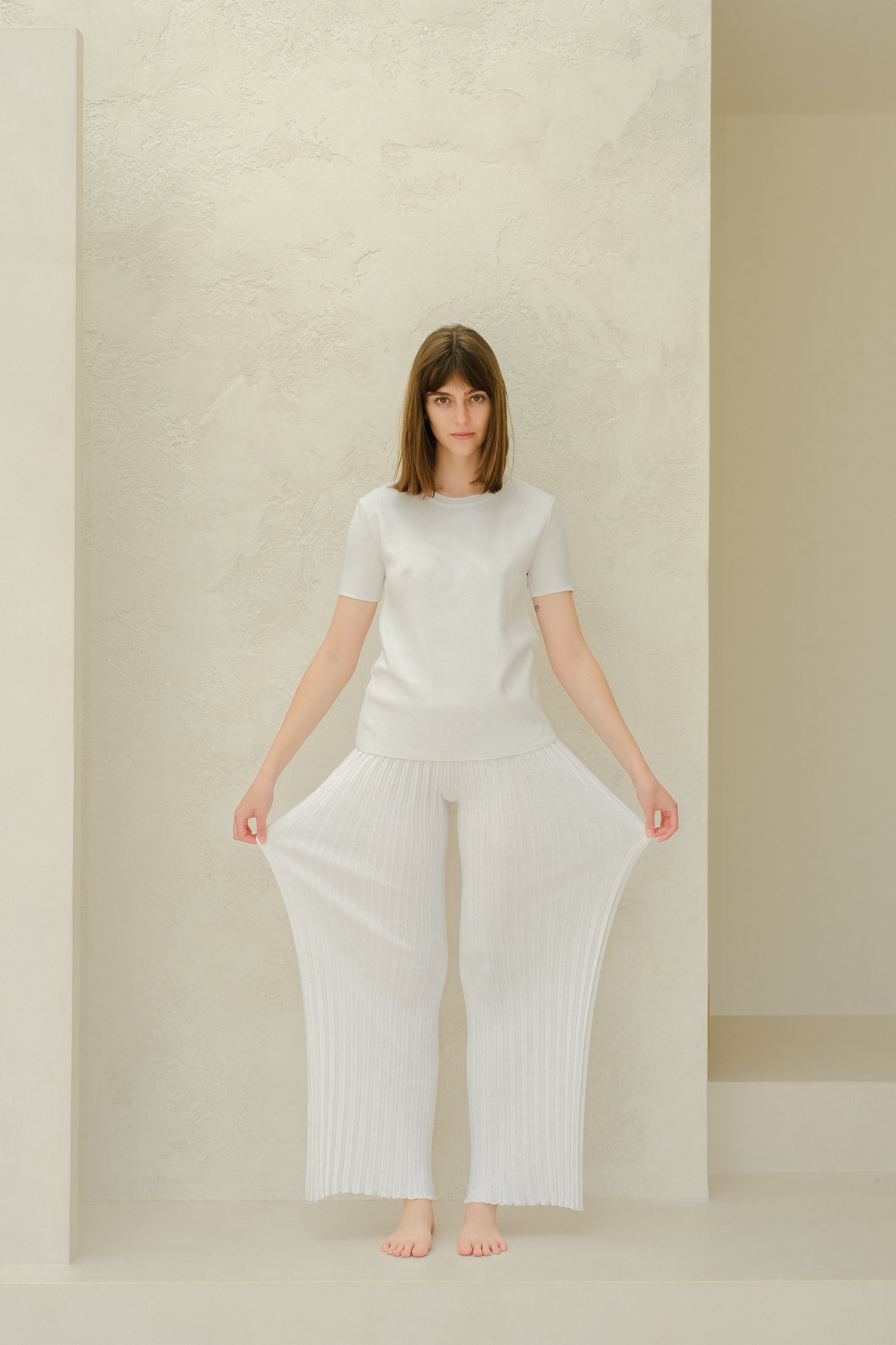 Pantaloni in cotone plissettato fine (3D-knit)