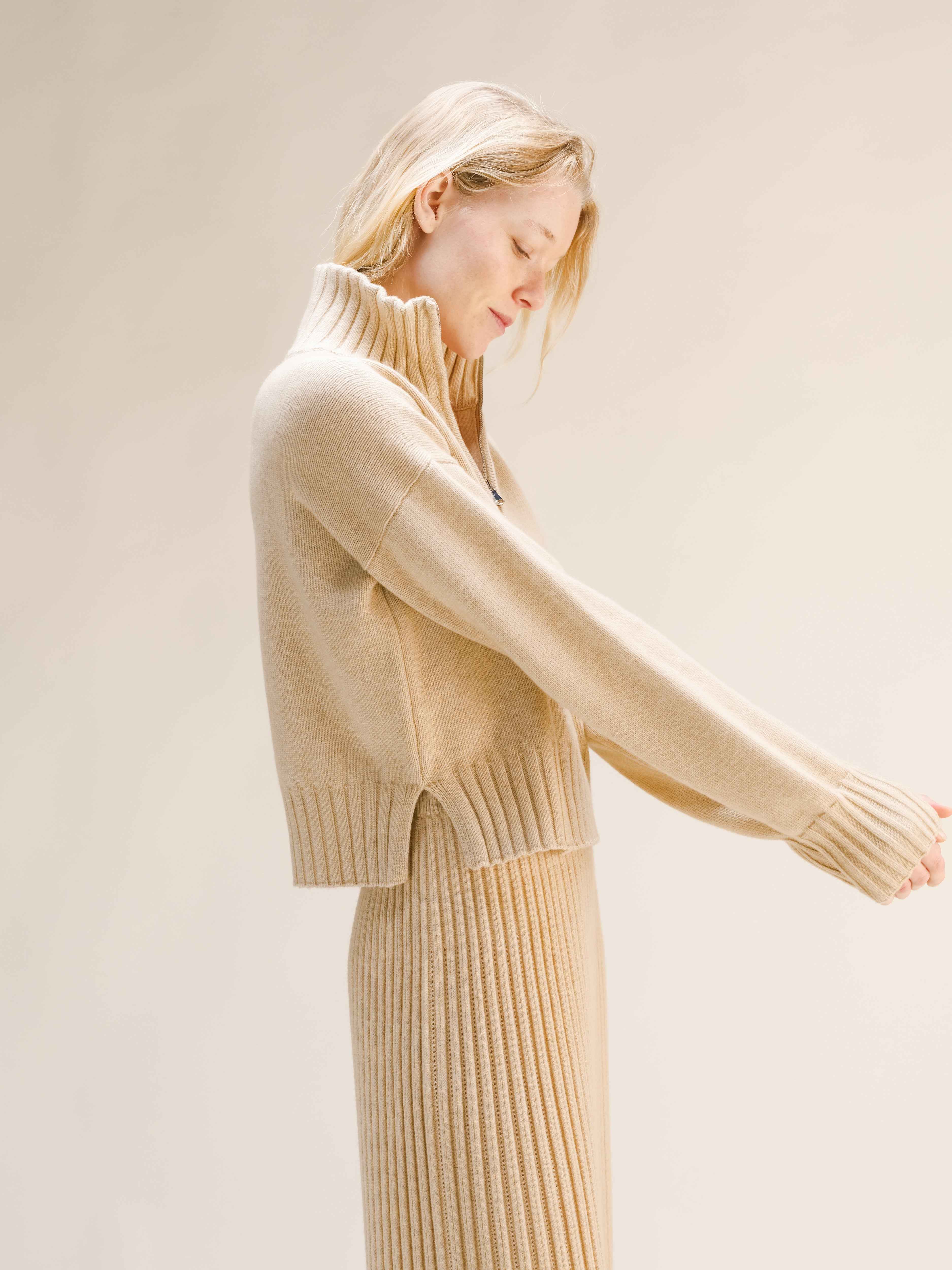 Cashmere Mix High Neck Sweater with Zip