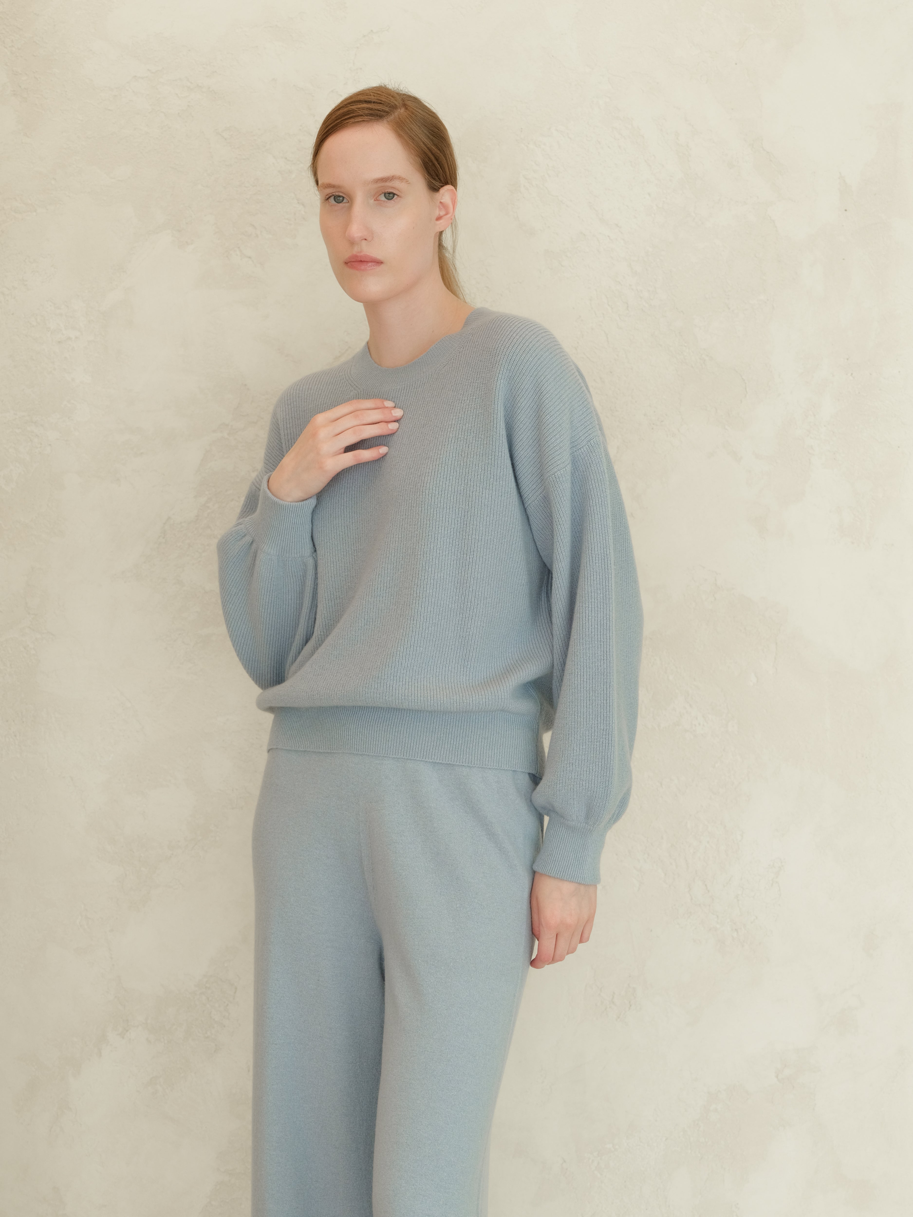 Cashmere Mix Ribbed Crewneck Sweater with Balloon Sleeves