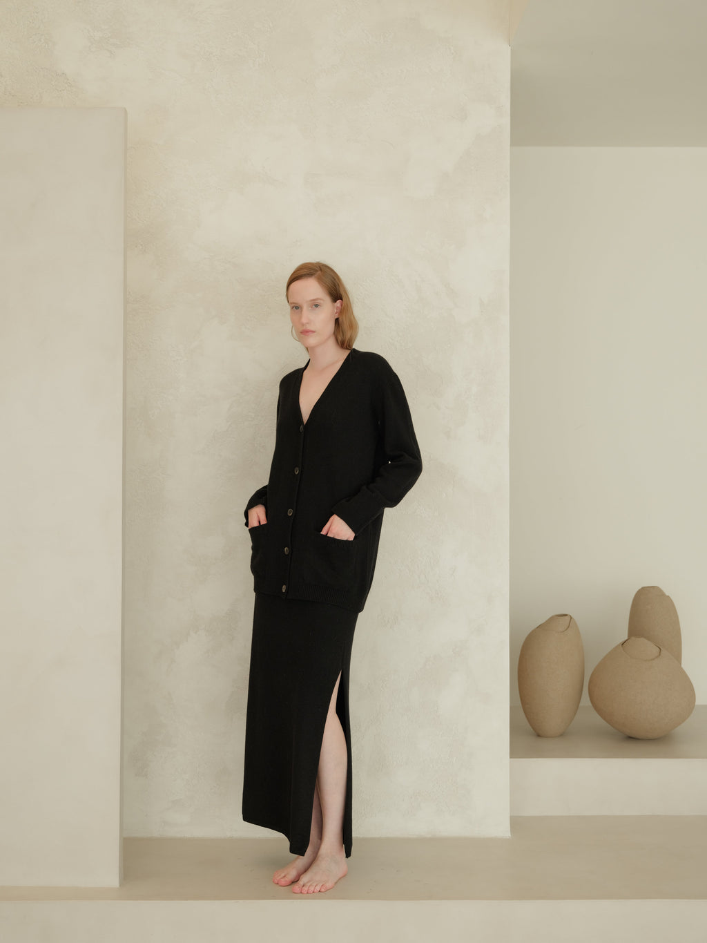 Gonna lunga a vita alta in misto cashmere con spacco laterale (3D-knit)