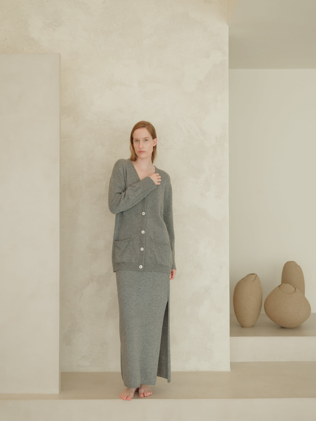 Maxi cardigan with V-neck in cashmere blend