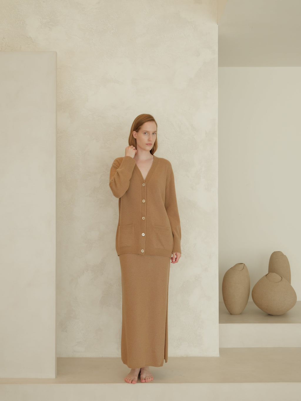 Maxi cardigan with V-neck in cashmere blend