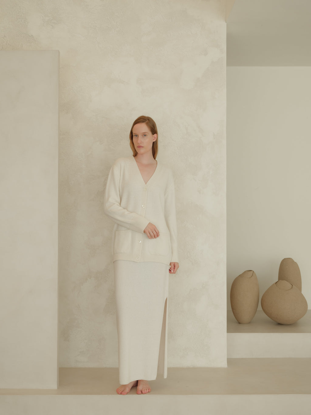 Gonna lunga a vita alta in misto cashmere con spacco laterale (3D-knit)