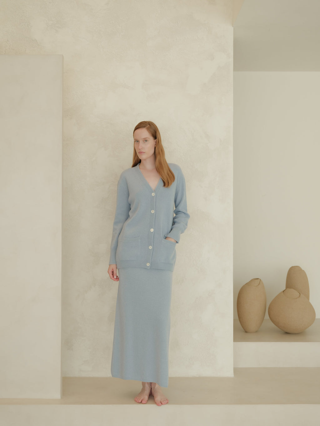 Gonna lunga a vita alta in misto cashmere con spacco laterale (3D-knit)