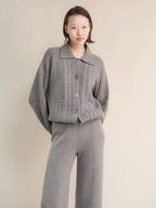 Cardigan polo in misto cashmere con lavorazione treccia