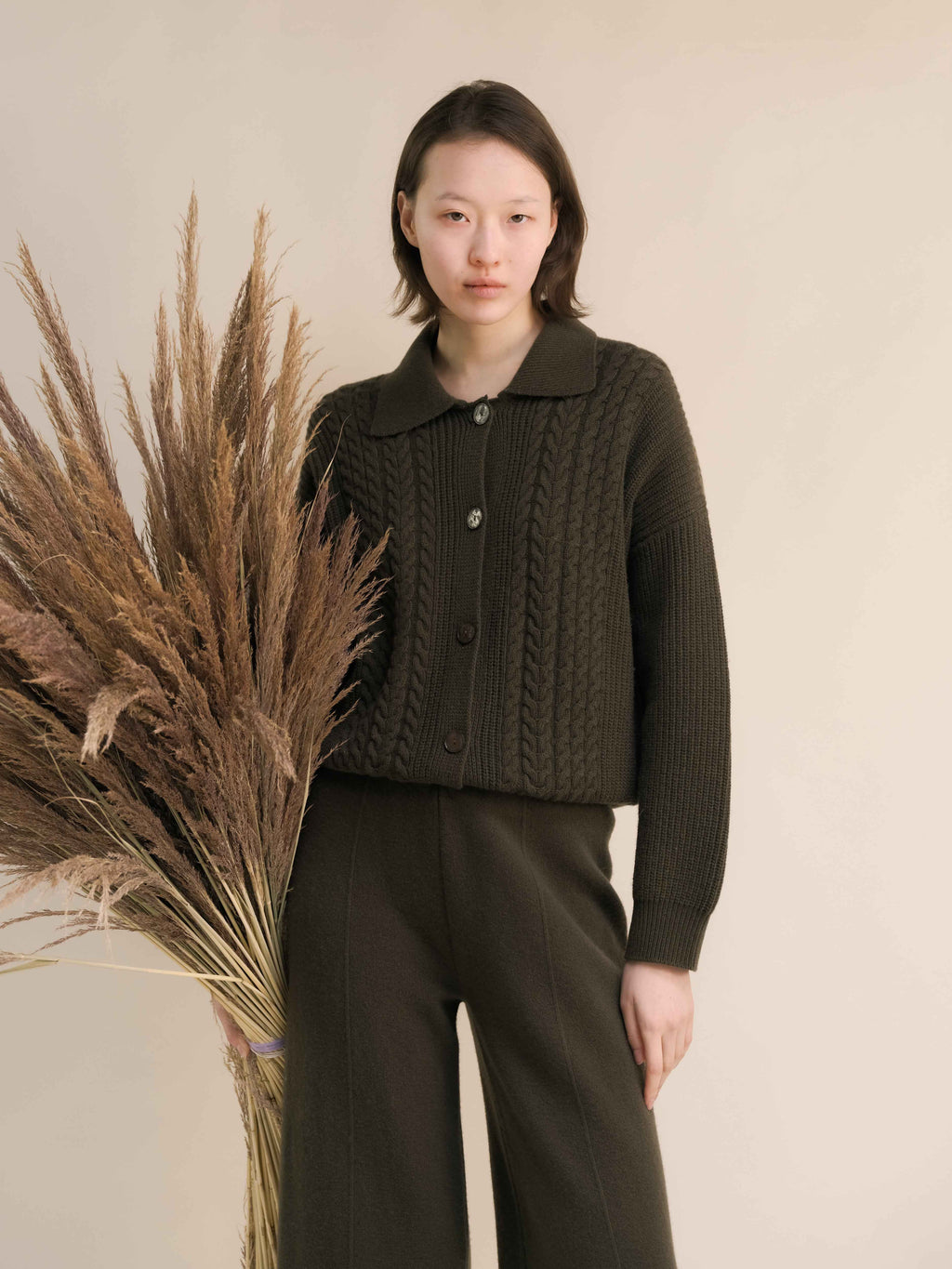 Cashmere Mix Cable Polo Cardigan