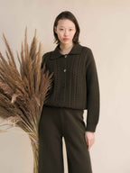 Cashmere Mix Cable Polo Cardigan