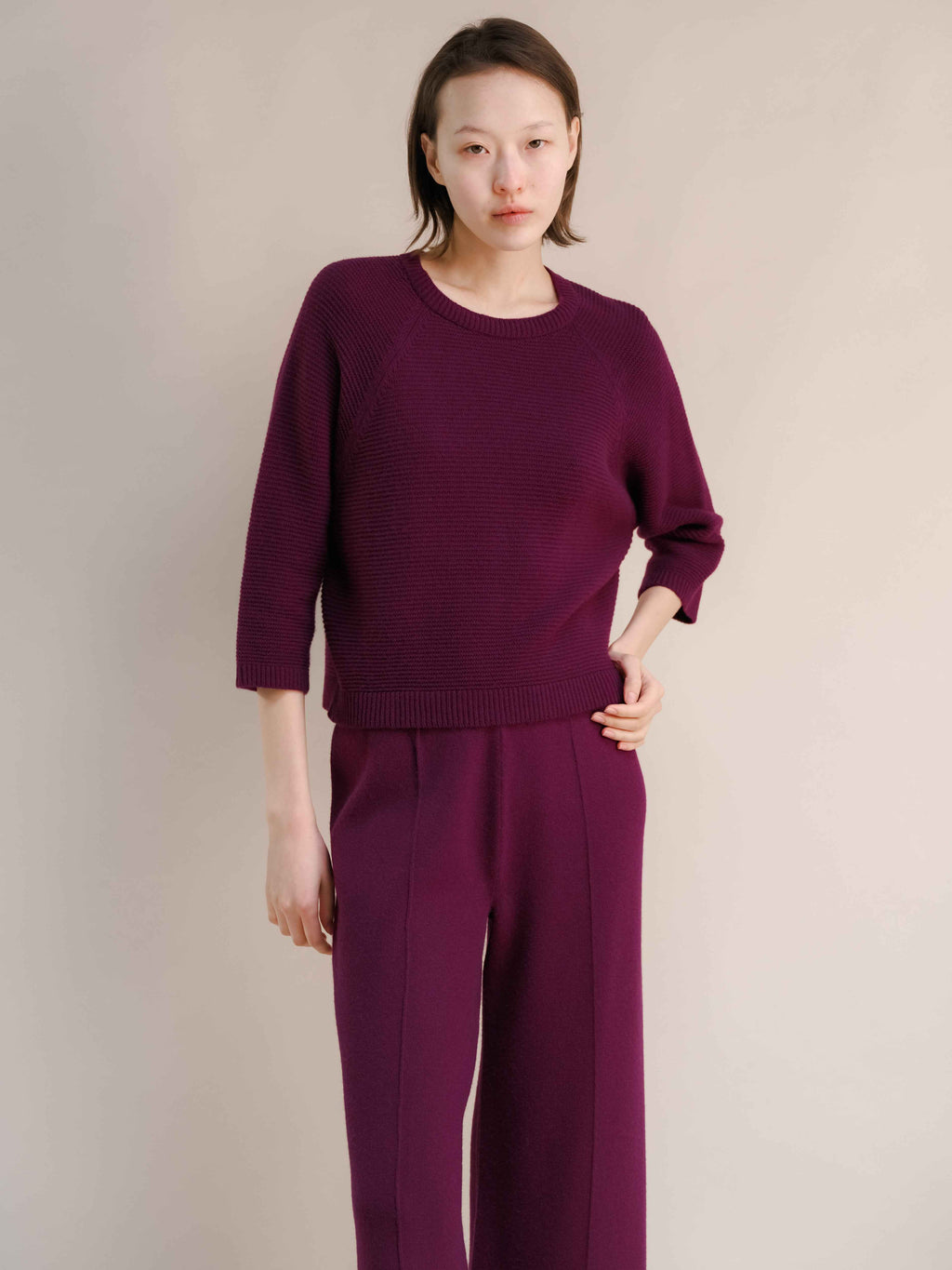 Cashmere Mix Cropped 3/4 Sleeve Pullover