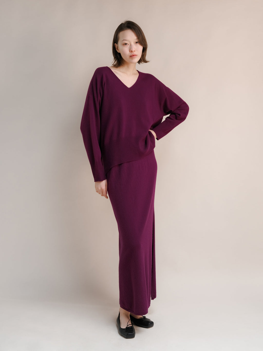 Gonna lunga a vita alta in misto cashmere con spacco laterale (3D-knit)