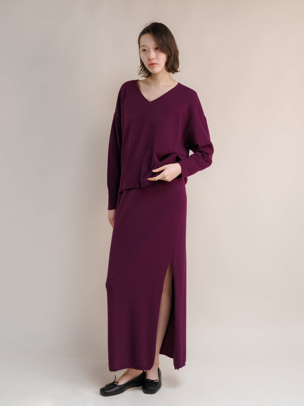 Gonna lunga a vita alta in misto cashmere con spacco laterale (3D-knit)