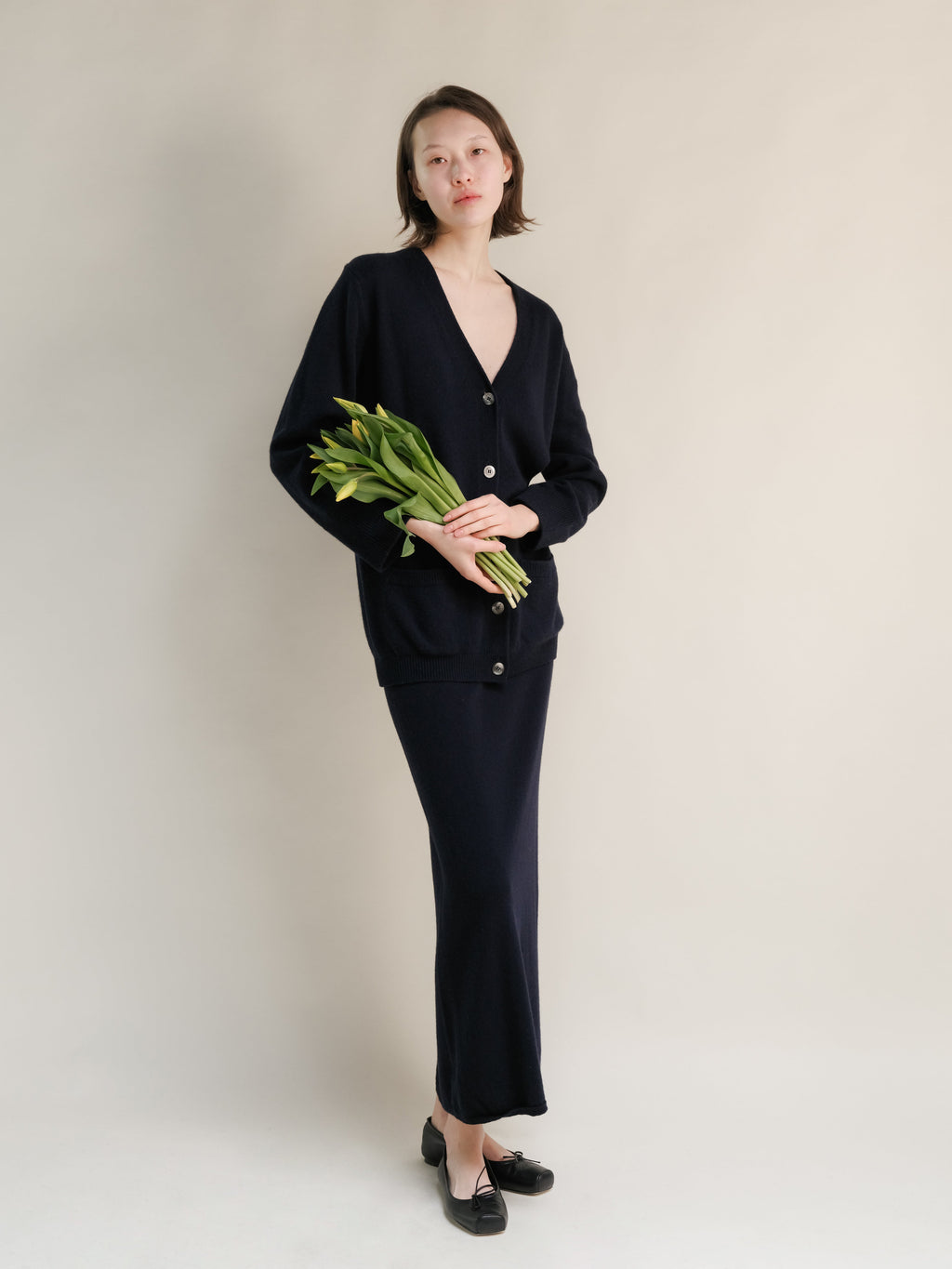 Gonna lunga a vita alta in misto cashmere con spacco laterale (3D-knit)