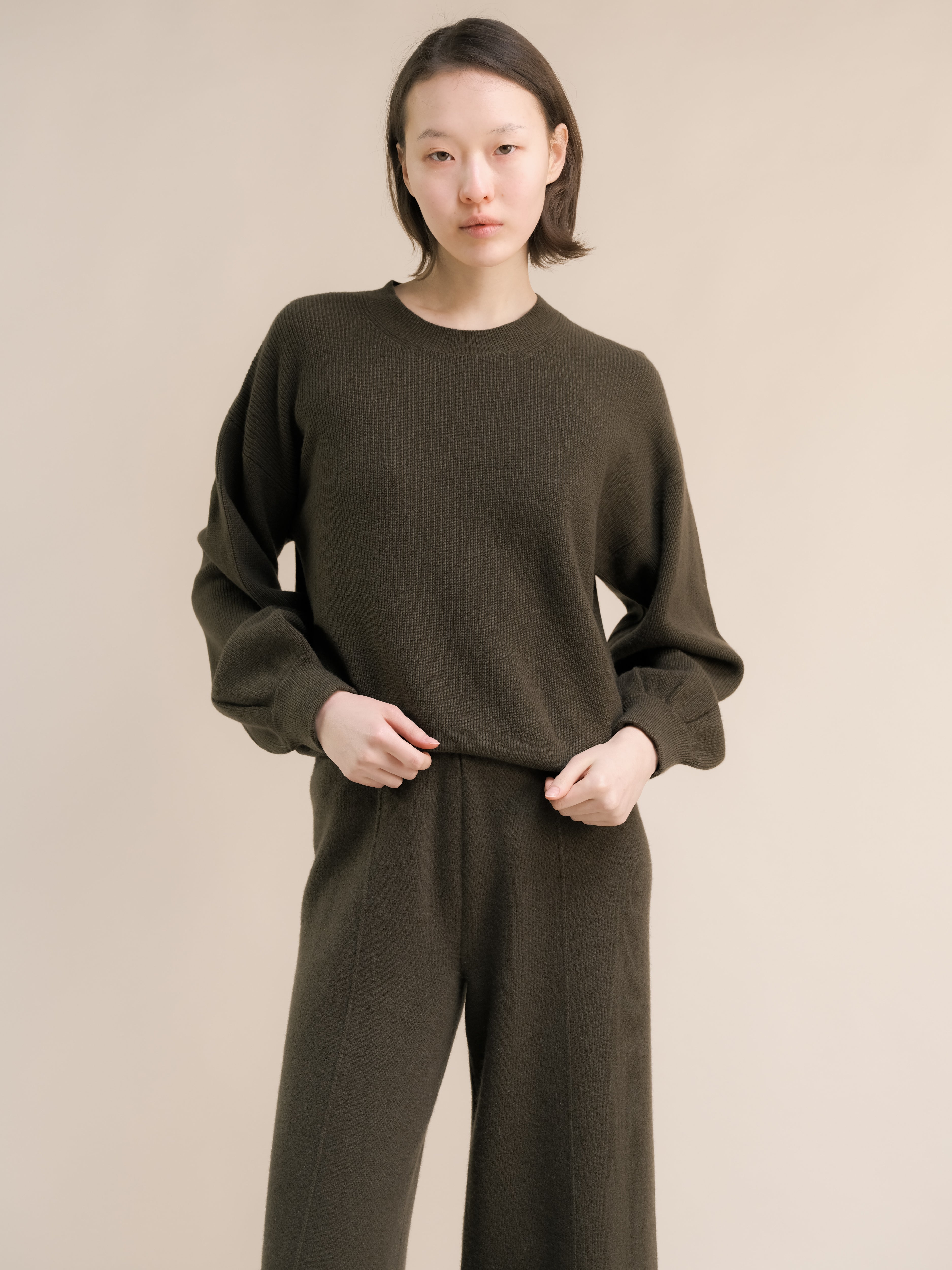 Cashmere Mix Ribbed Crewneck Sweater with Balloon Sleeves