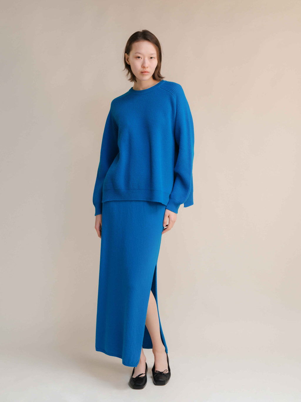 Cashmere Mix High-Waist Long Skirt With Side Slit (3D-knit)