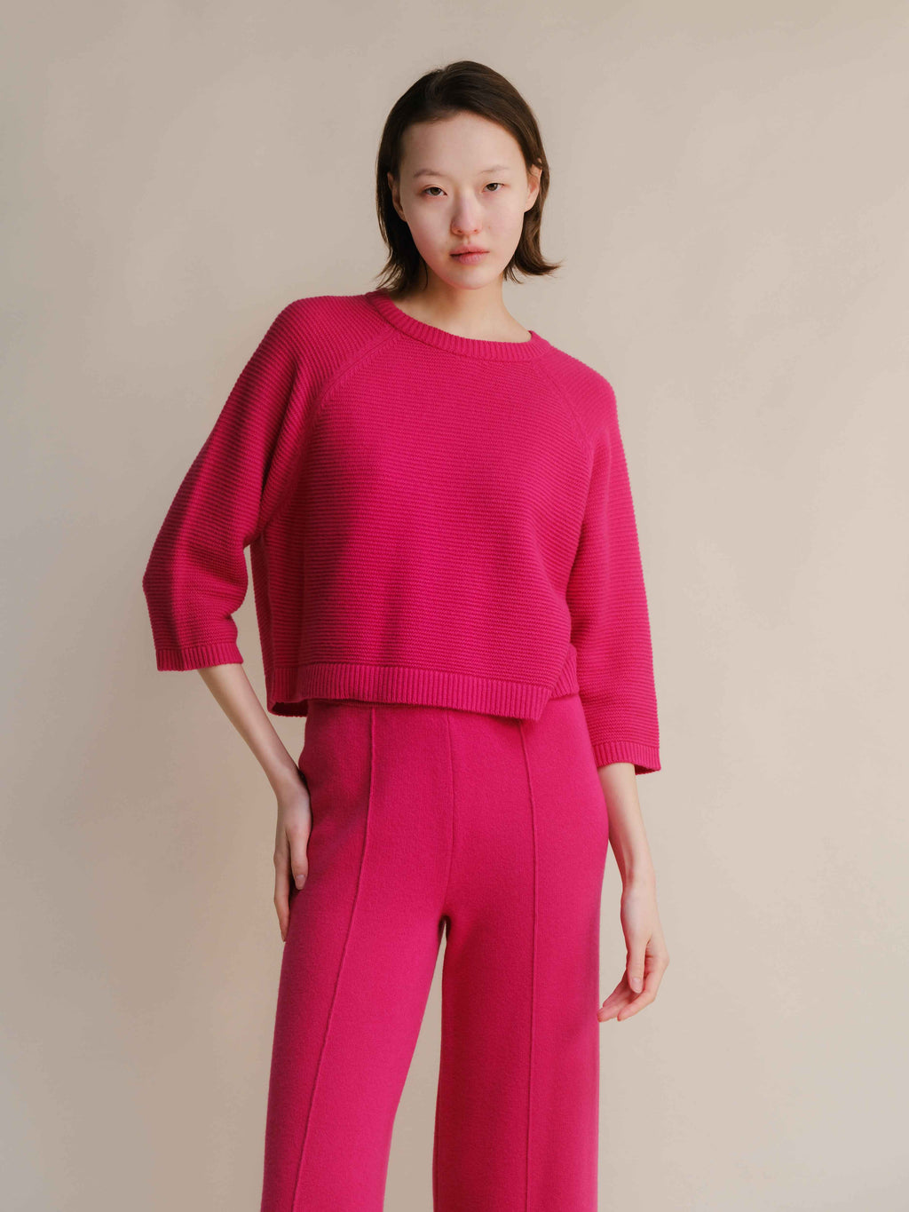 Cashmere Mix Cropped 3/4 Sleeve Pullover