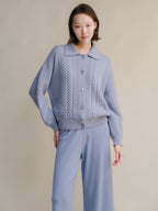 Cardigan polo in misto cashmere con lavorazione treccia