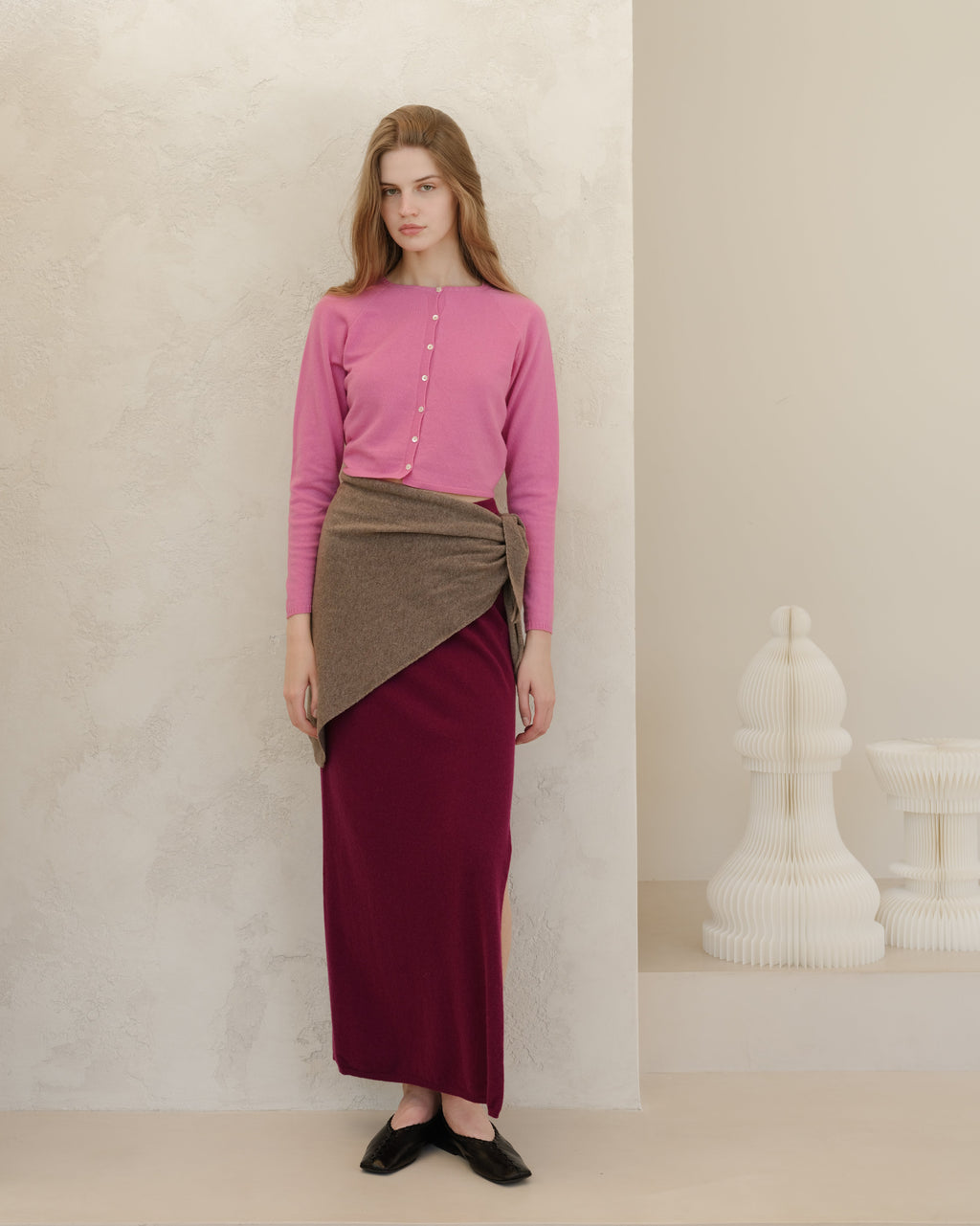 Gonna lunga a vita alta in misto cashmere con spacco laterale (3D-knit)