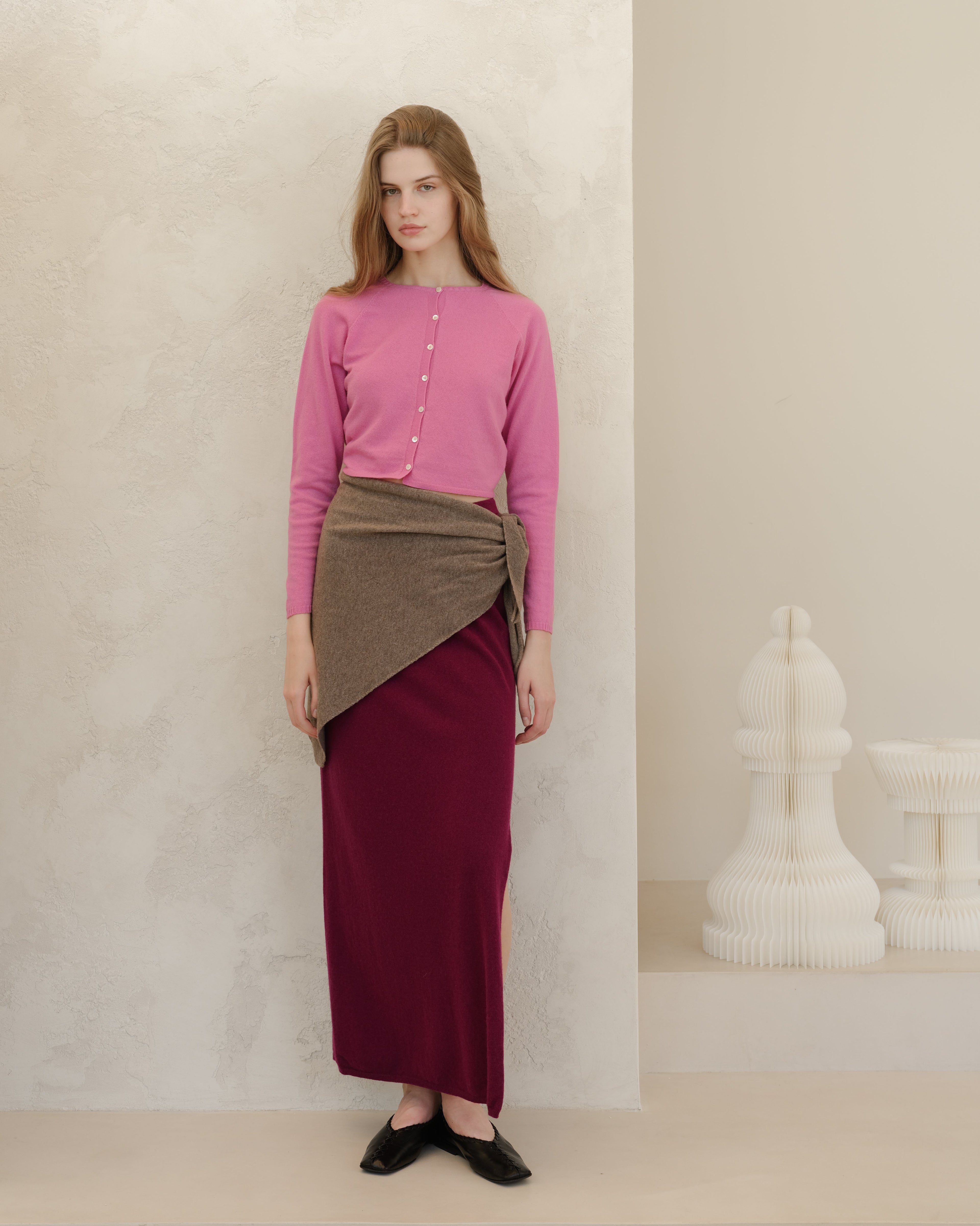 Gonna lunga a vita alta in misto cashmere con spacco laterale (3D-knit)