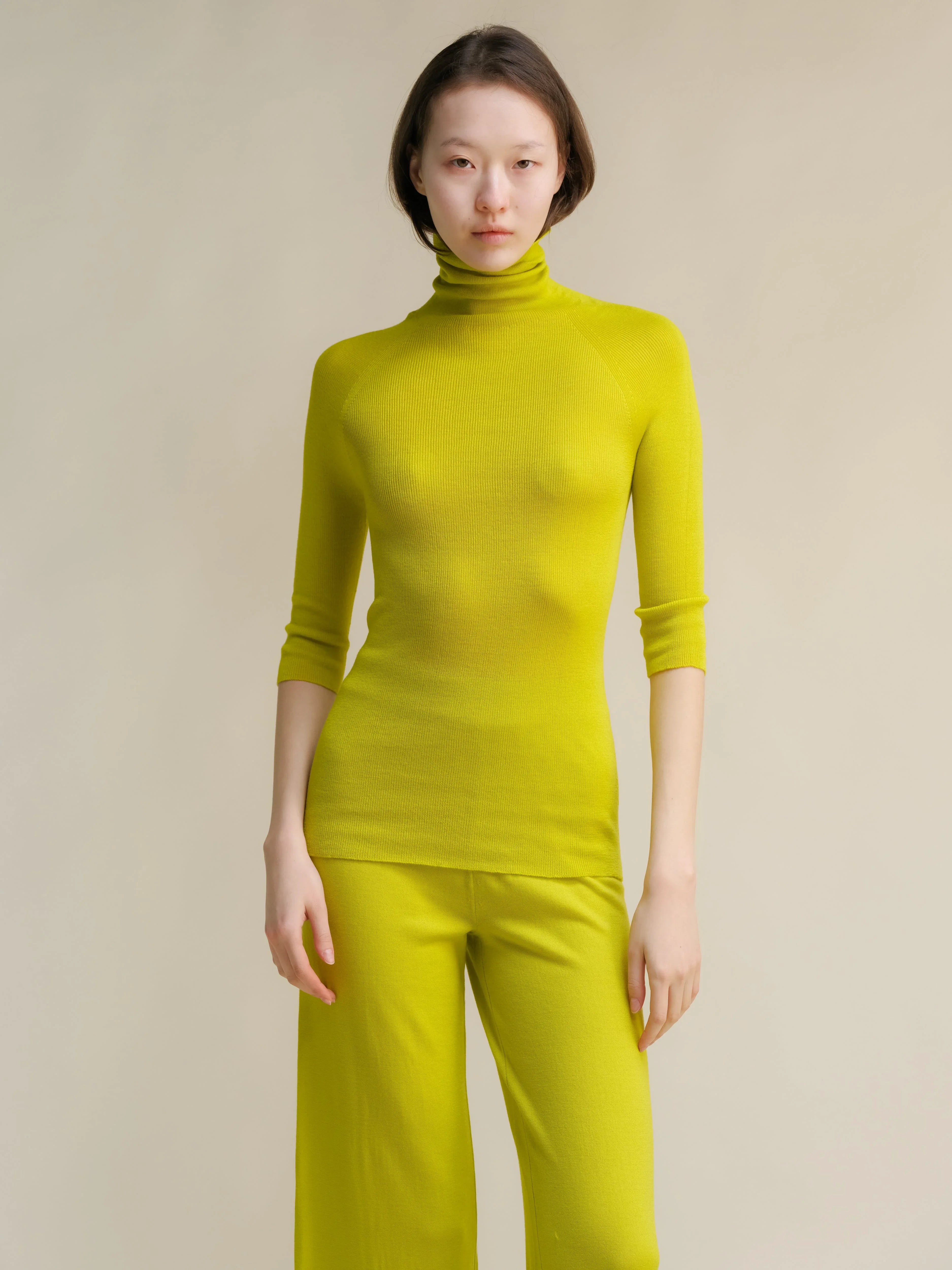 Dolcevita Extra Fine Merino Wool 3/4 Sleeve Ribbed (3D-Knit) - Nibe Clothing