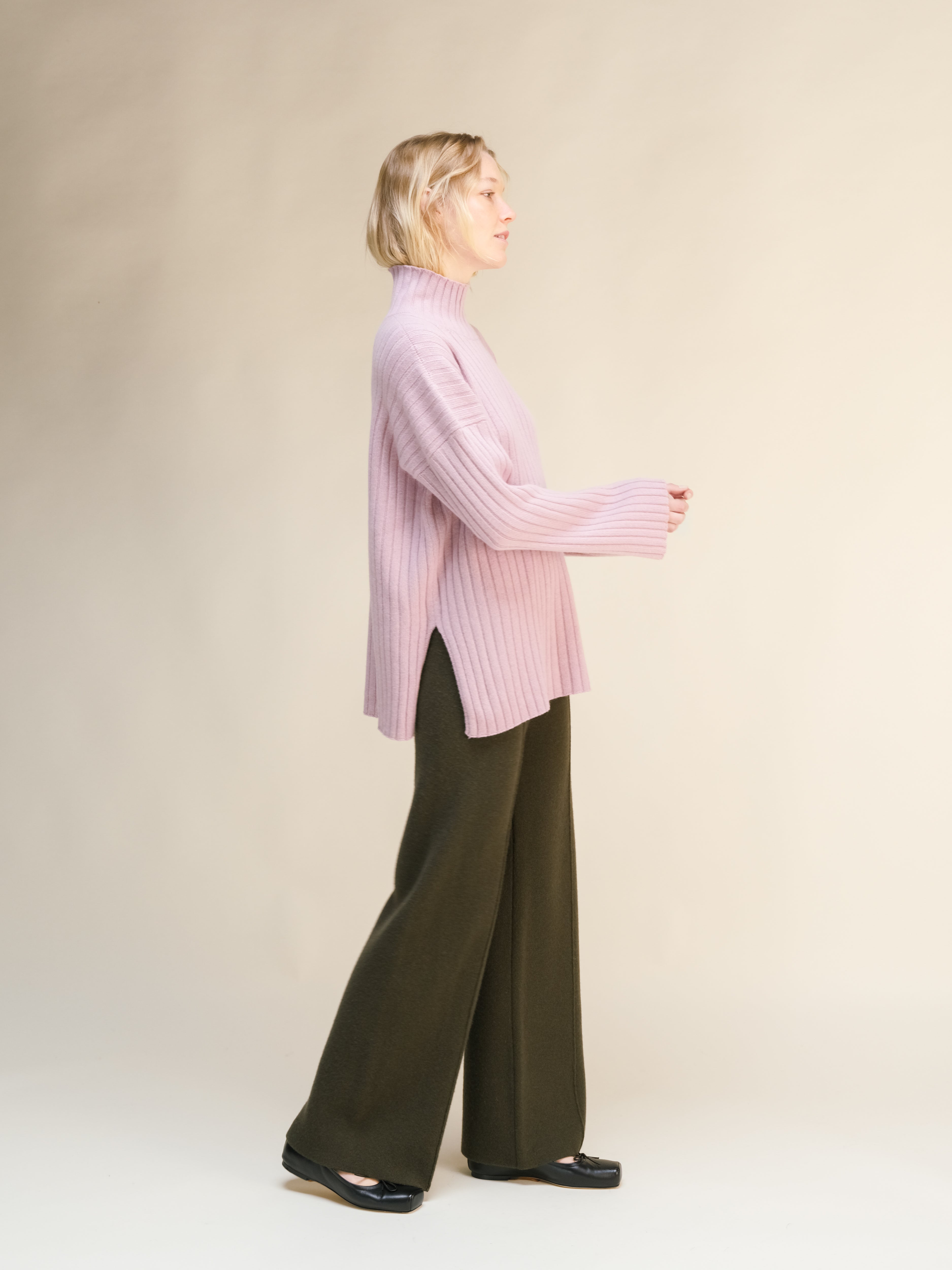 Cashmere Mix Ribbed High Neck with Lateral Slits