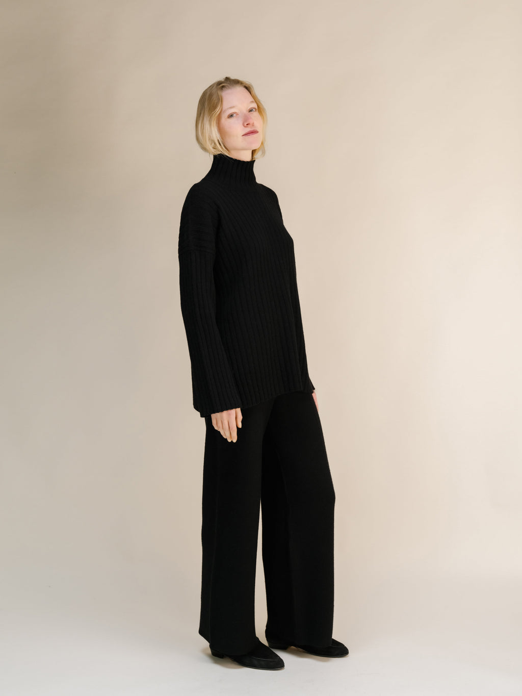 Cashmere Mix Ribbed High Neck with Lateral Slits