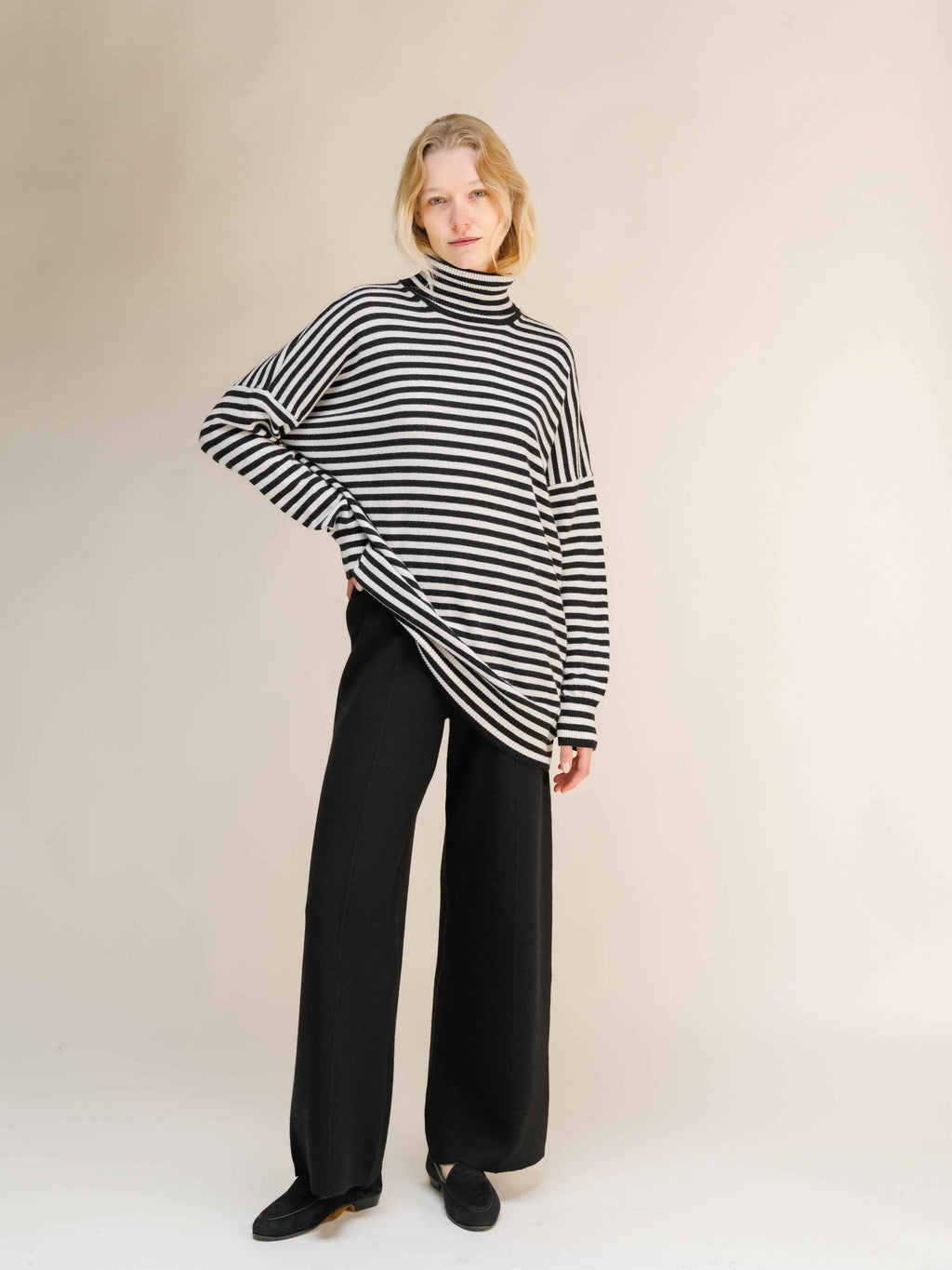 Cashmere Mix Oversized Striped Turtleneck Sweater