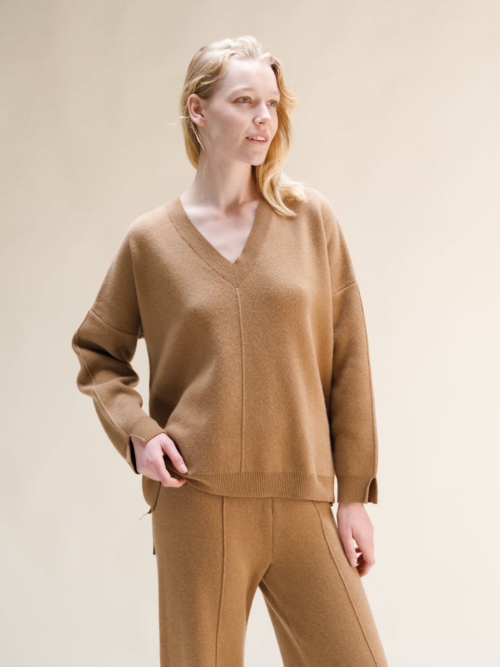 Cashmere Mix Solid Maxi V Neck with Lateral Slits