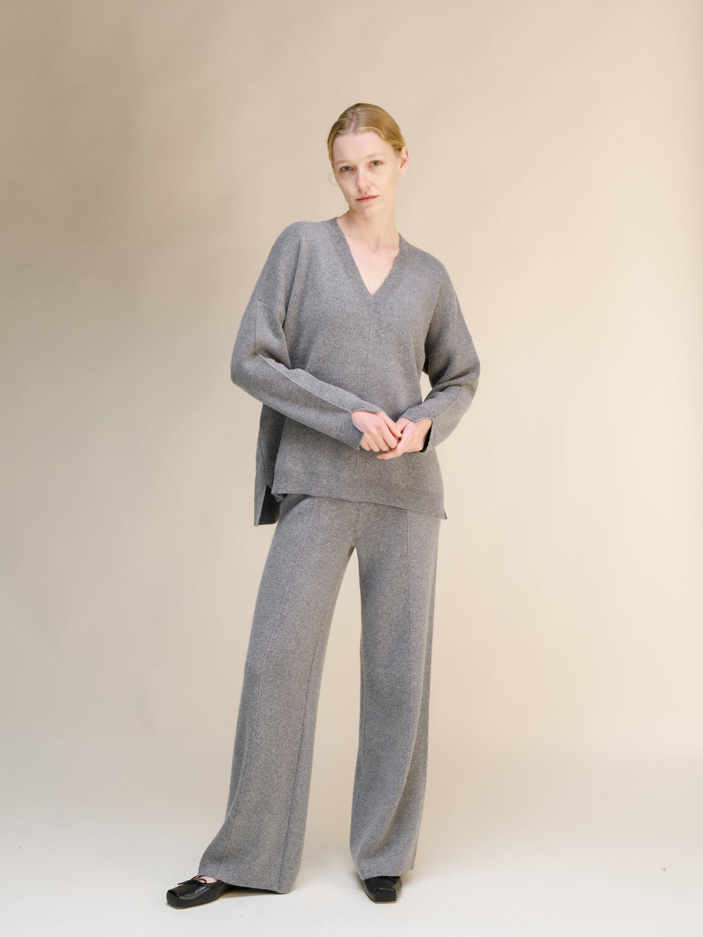 Cashmere Mix Solid Maxi V Neck with Lateral Slits