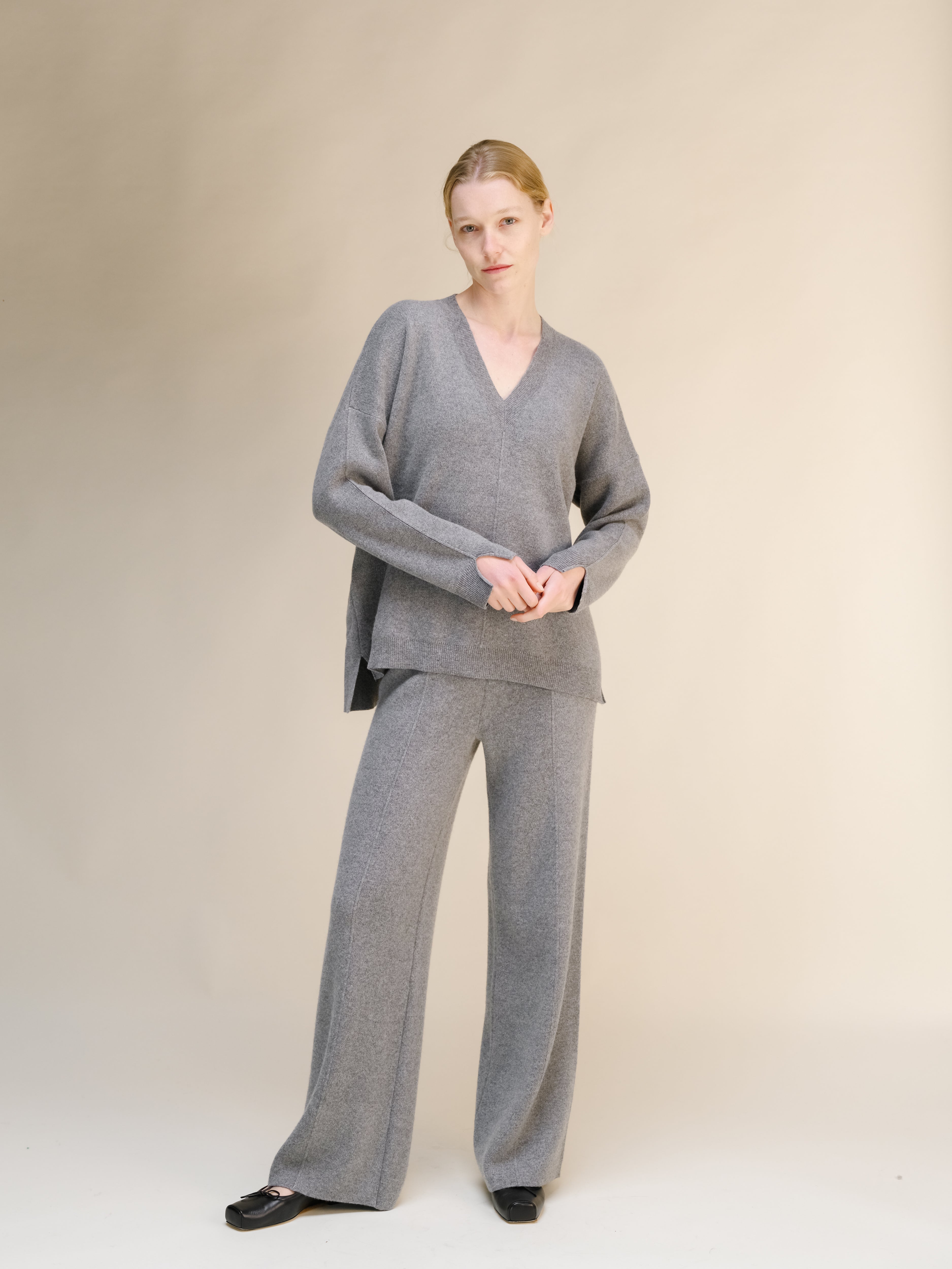 Cashmere Mix Solid Maxi V Neck with Lateral Slits