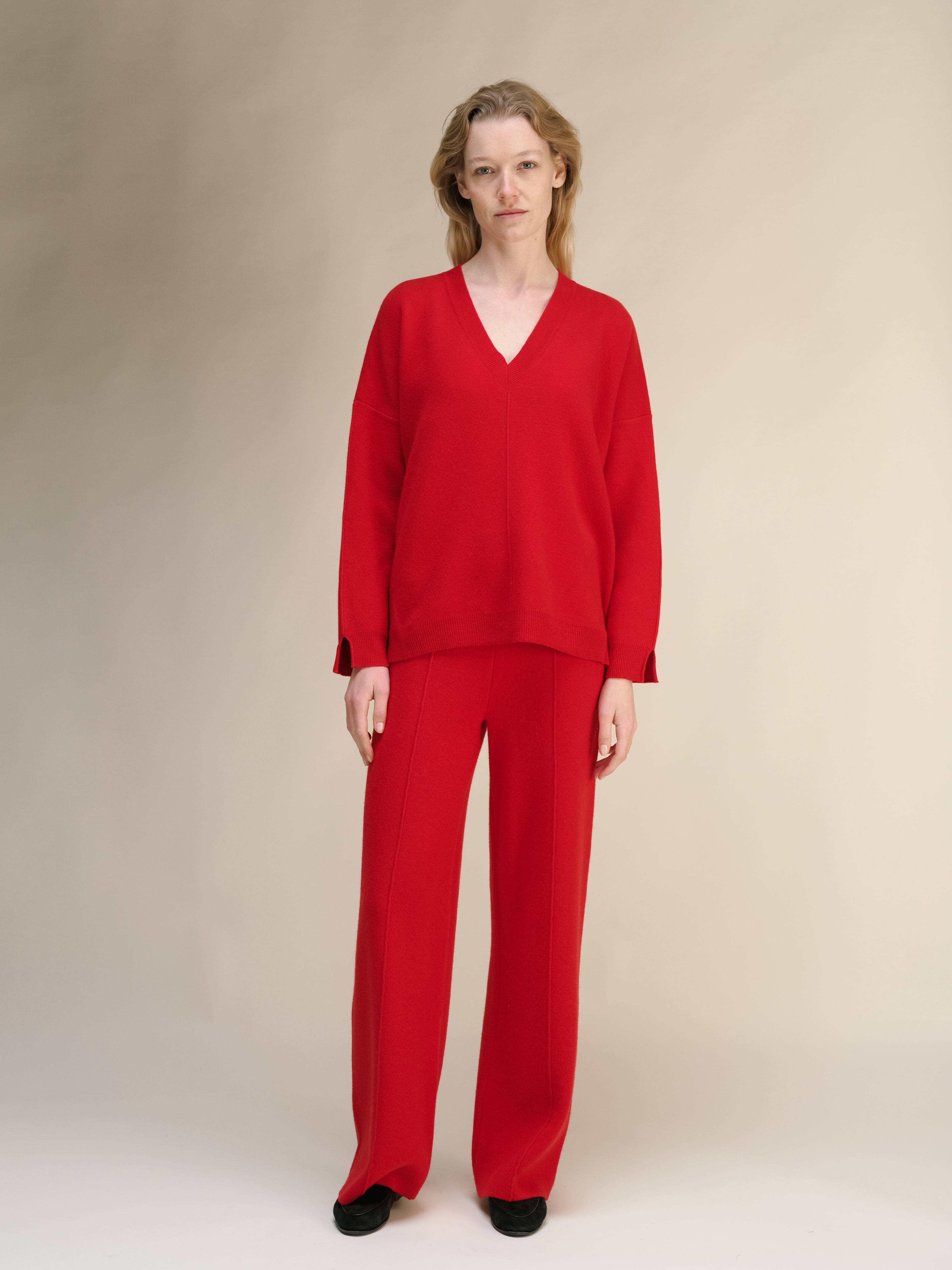 Cashmere Mix Solid Maxi V Neck with Lateral Slits