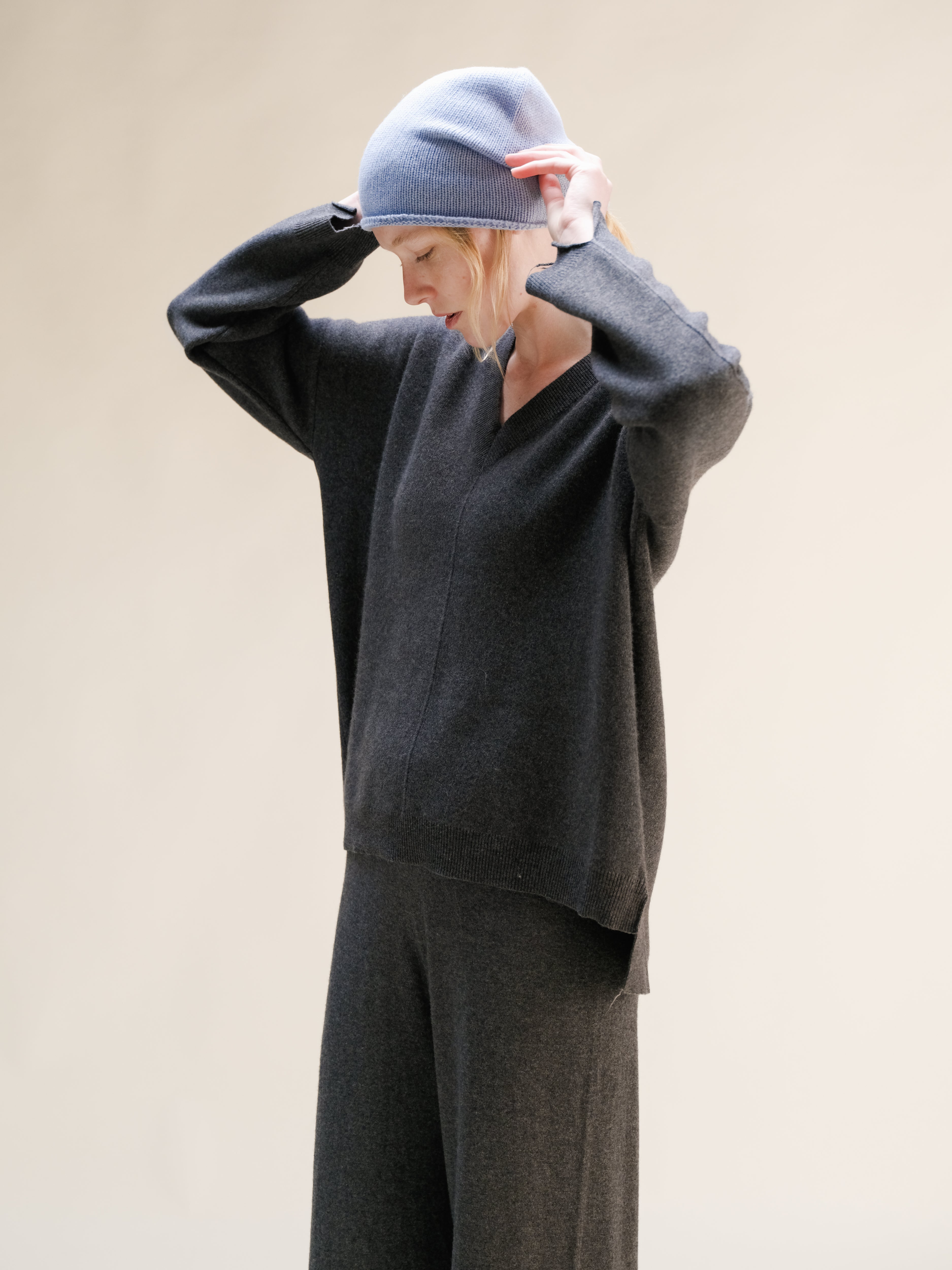 Cashmere Mix Solid Maxi V Neck with Lateral Slits