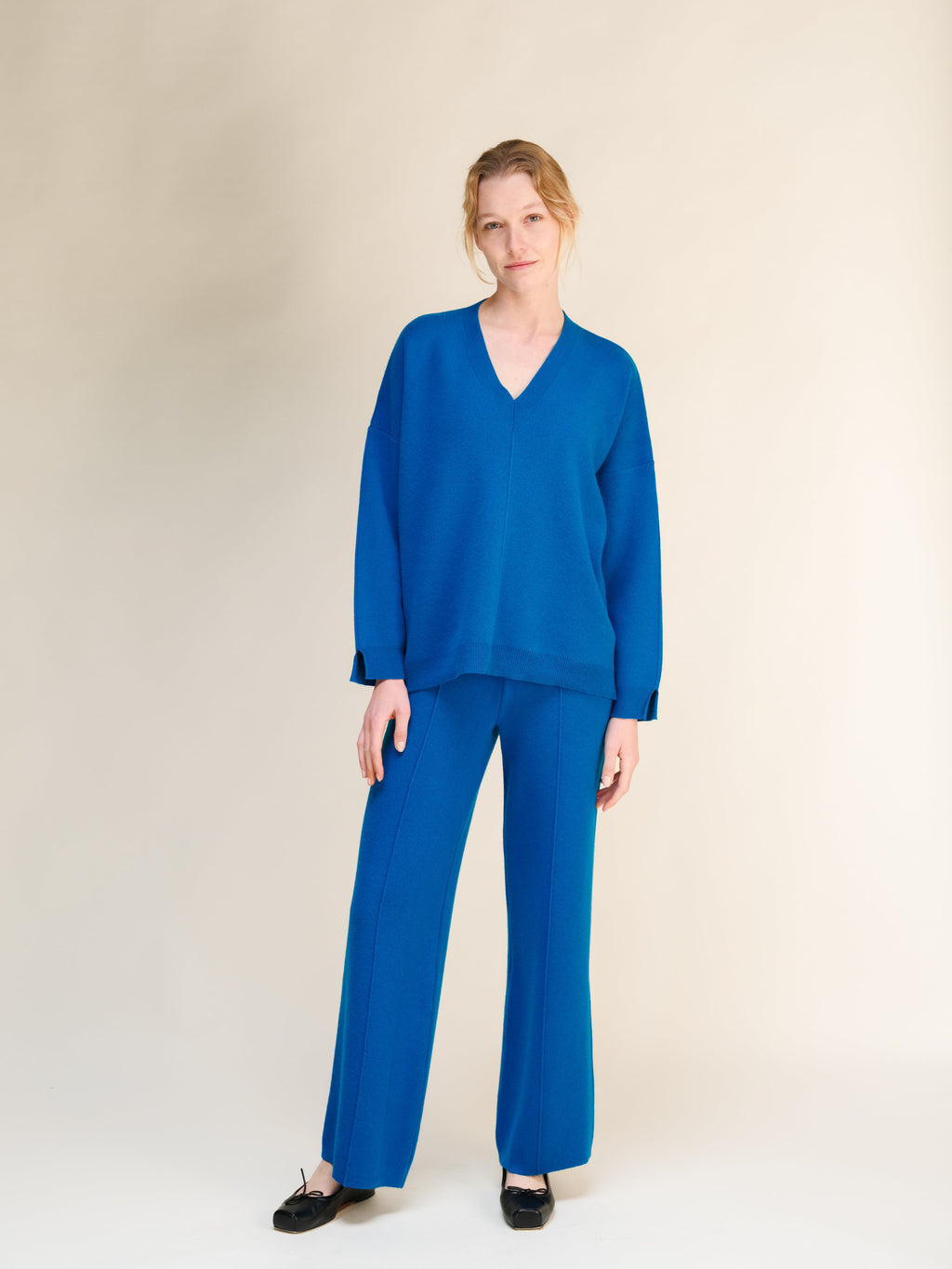 Cashmere Mix Solid Maxi V Neck with Lateral Slits