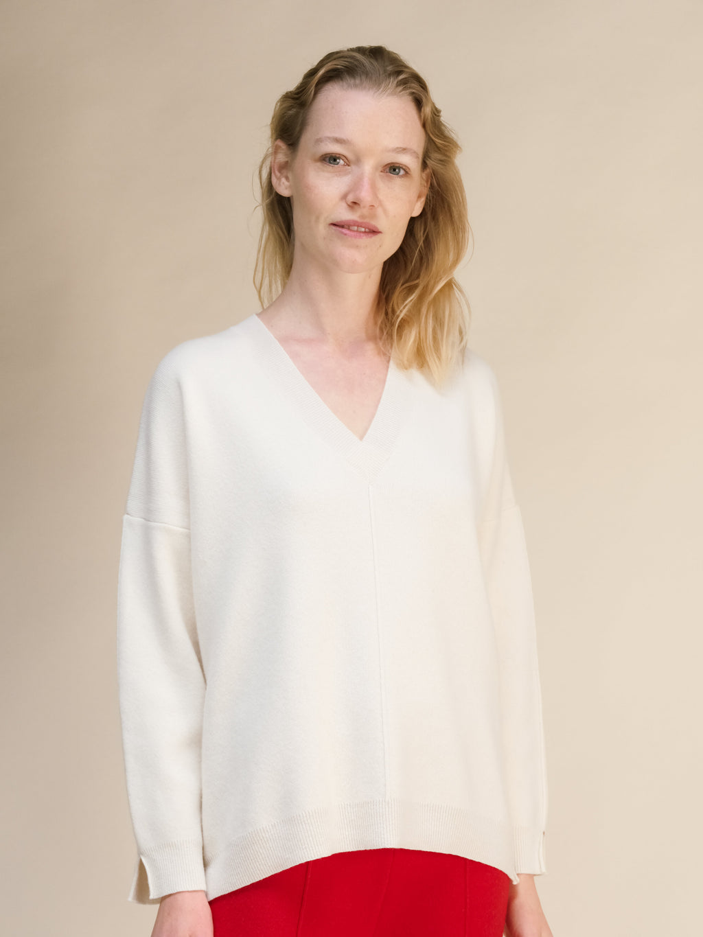 Cashmere Mix Solid Maxi V Neck with Lateral Slits