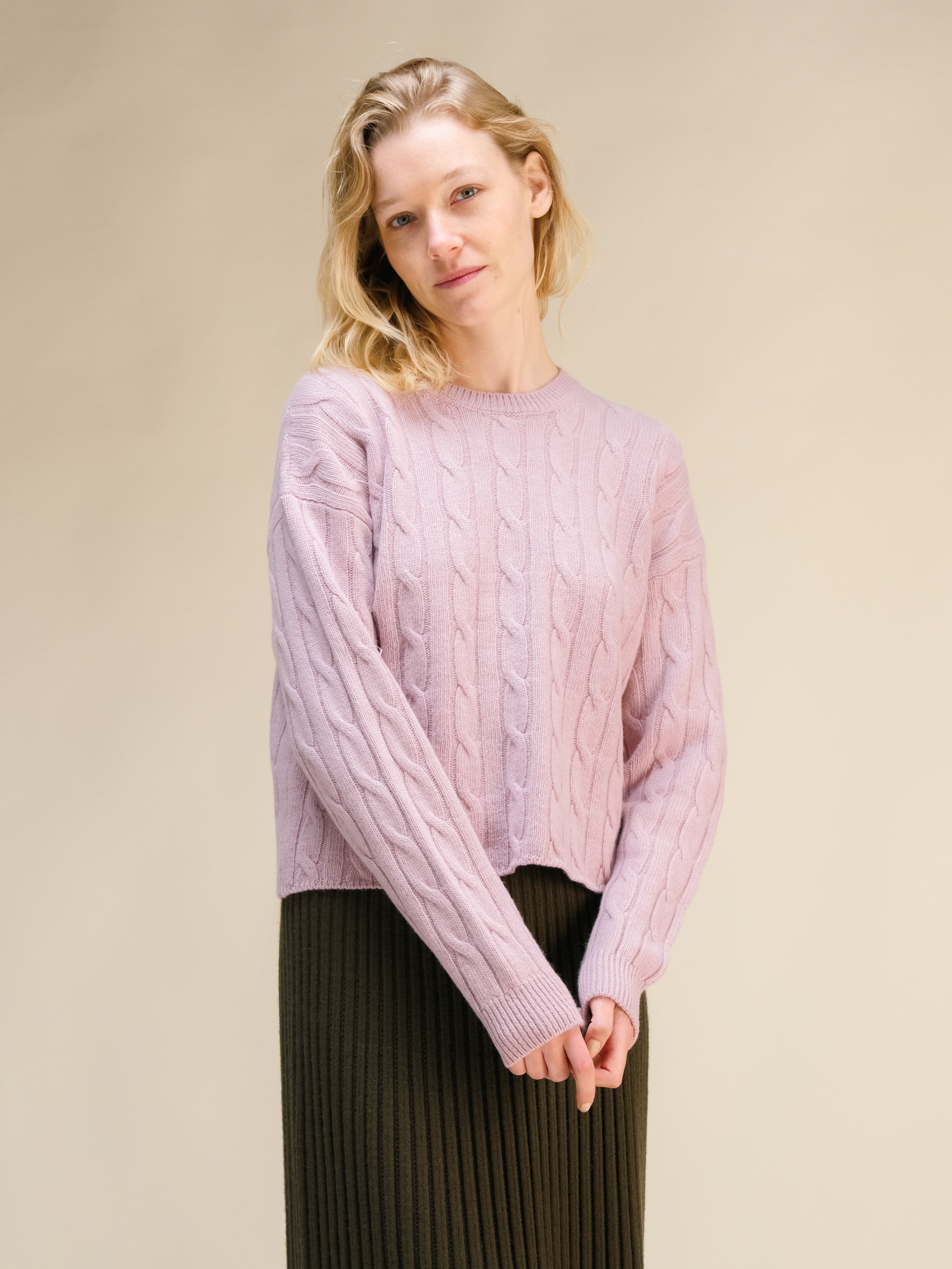 Cashmere Mix Cropped Cable Crewneck Sweater